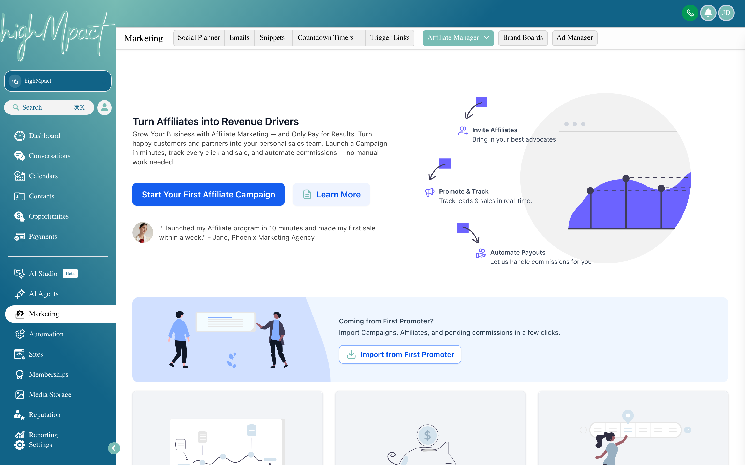 The Affiliate Manager dashboard showing affiliate accounts with their unique referral links, commission rates, conversion counts, and payout totals
