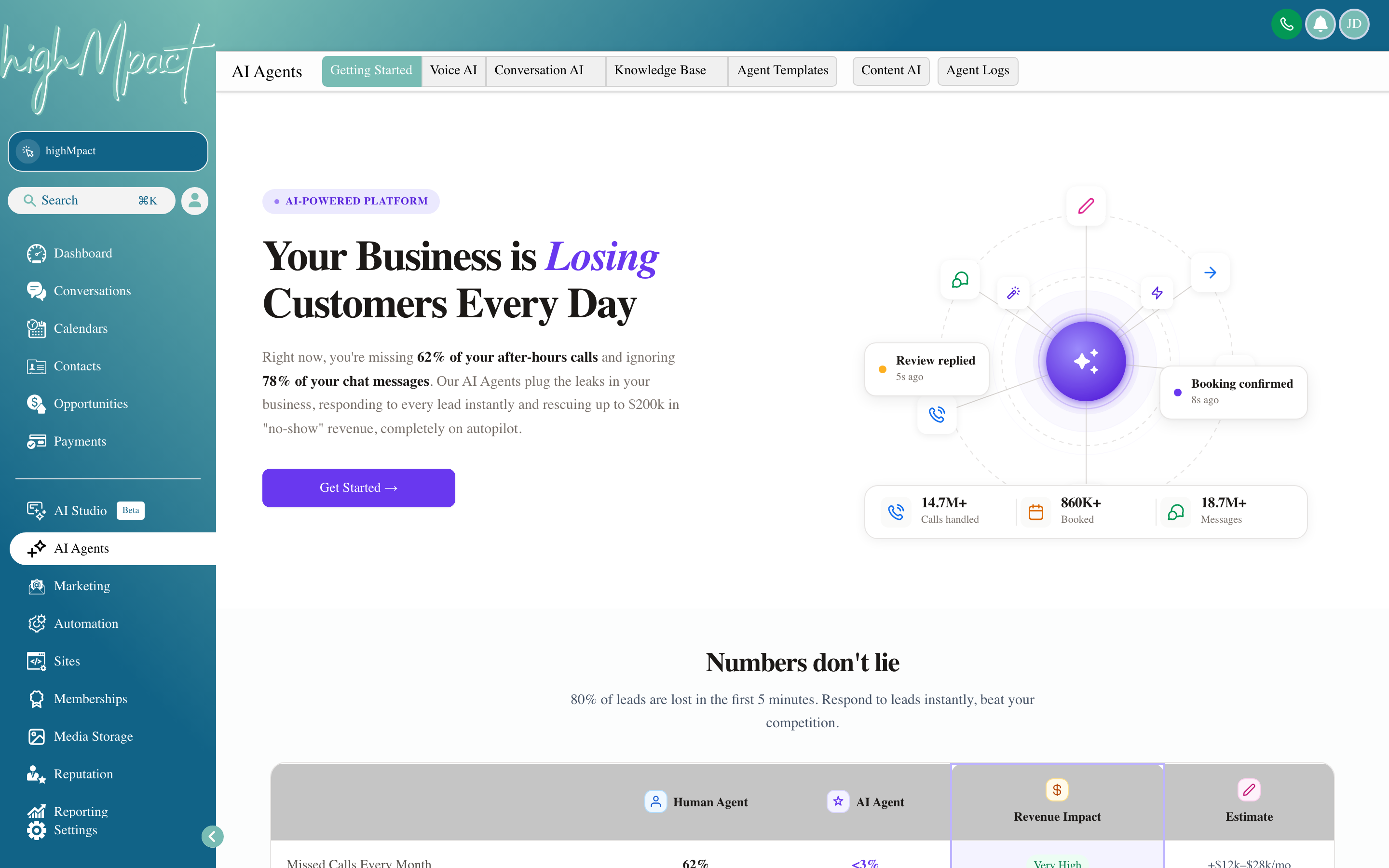 The AI Agents overview screen showing Conversation AI and Voice AI options with their configuration status