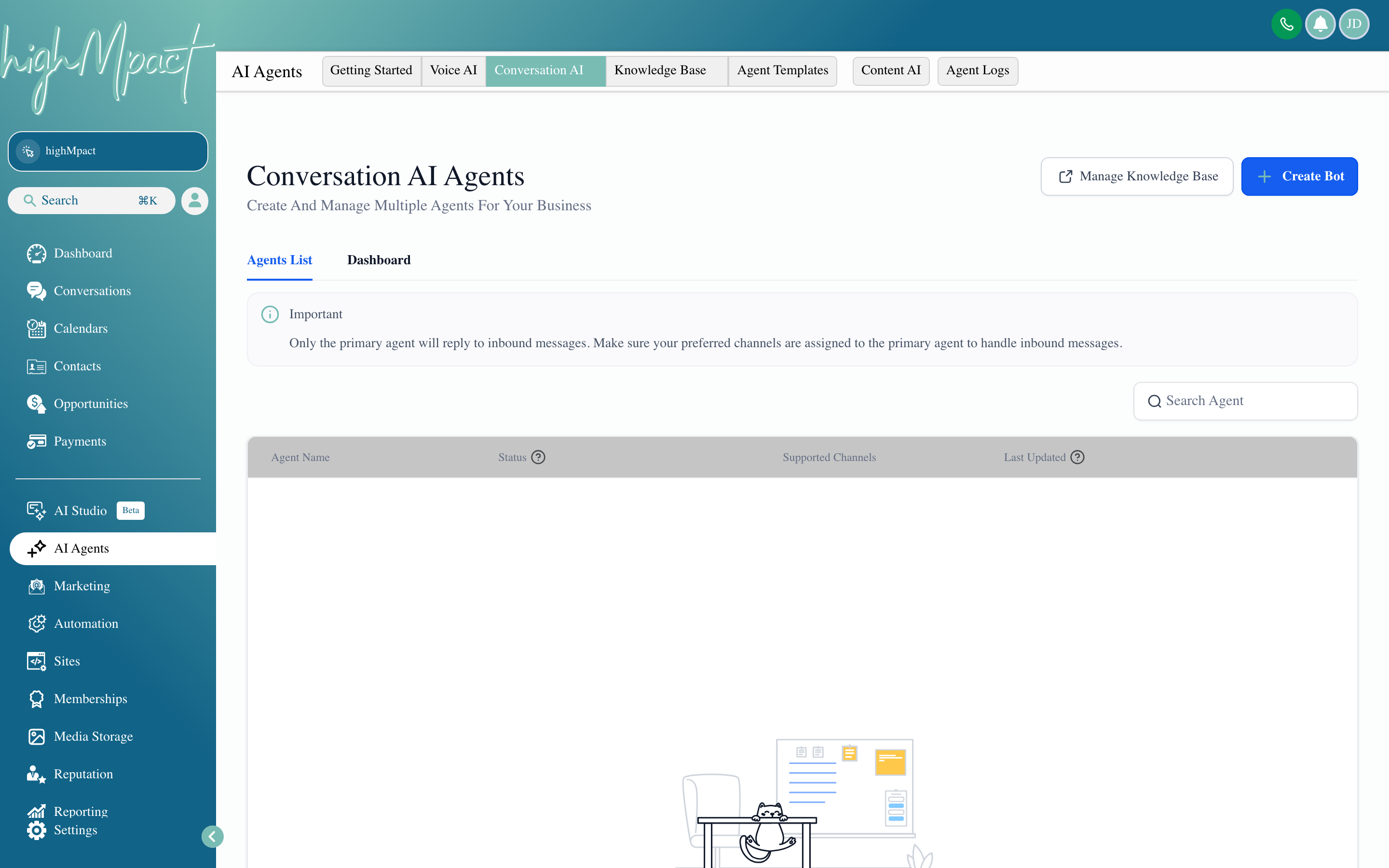 The Conversation AI configuration screen showing the bot persona, knowledge base, and channel toggles