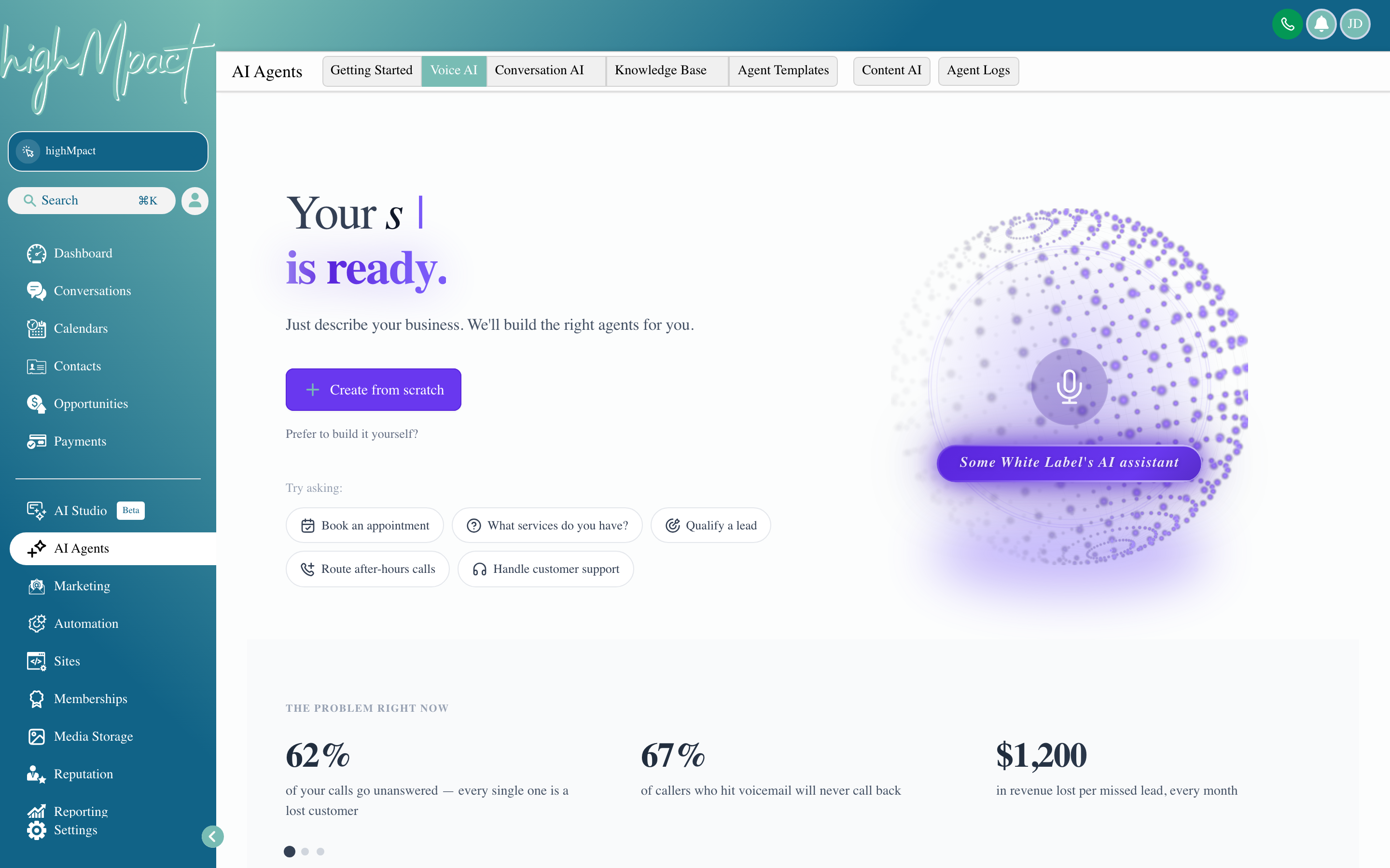 The Voice AI configuration screen showing the voice selection, call flow, and appointment booking settings