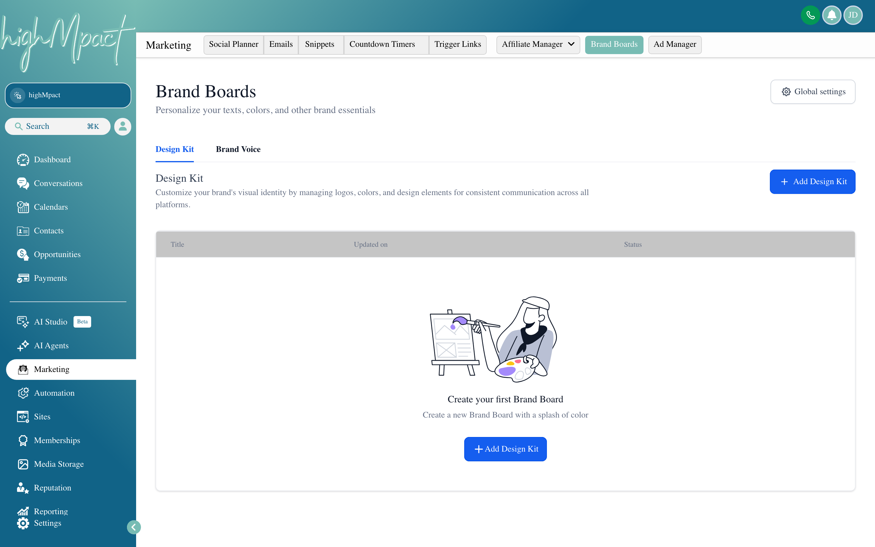 The Brand Boards editor showing saved color palettes, uploaded logo files, and selected font pairings for a brand named "Summit Realty Group"