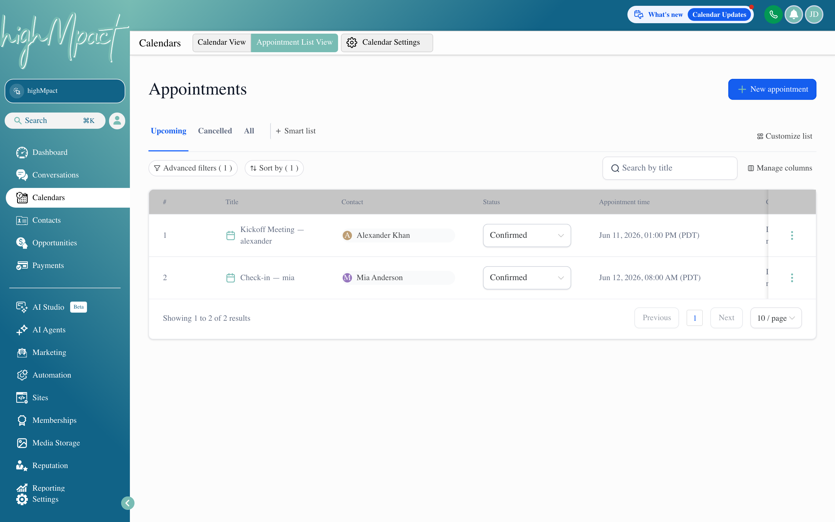 The highMpact Appointments list showing a sortable table of bookings with columns for contact name, date, calendar, and status