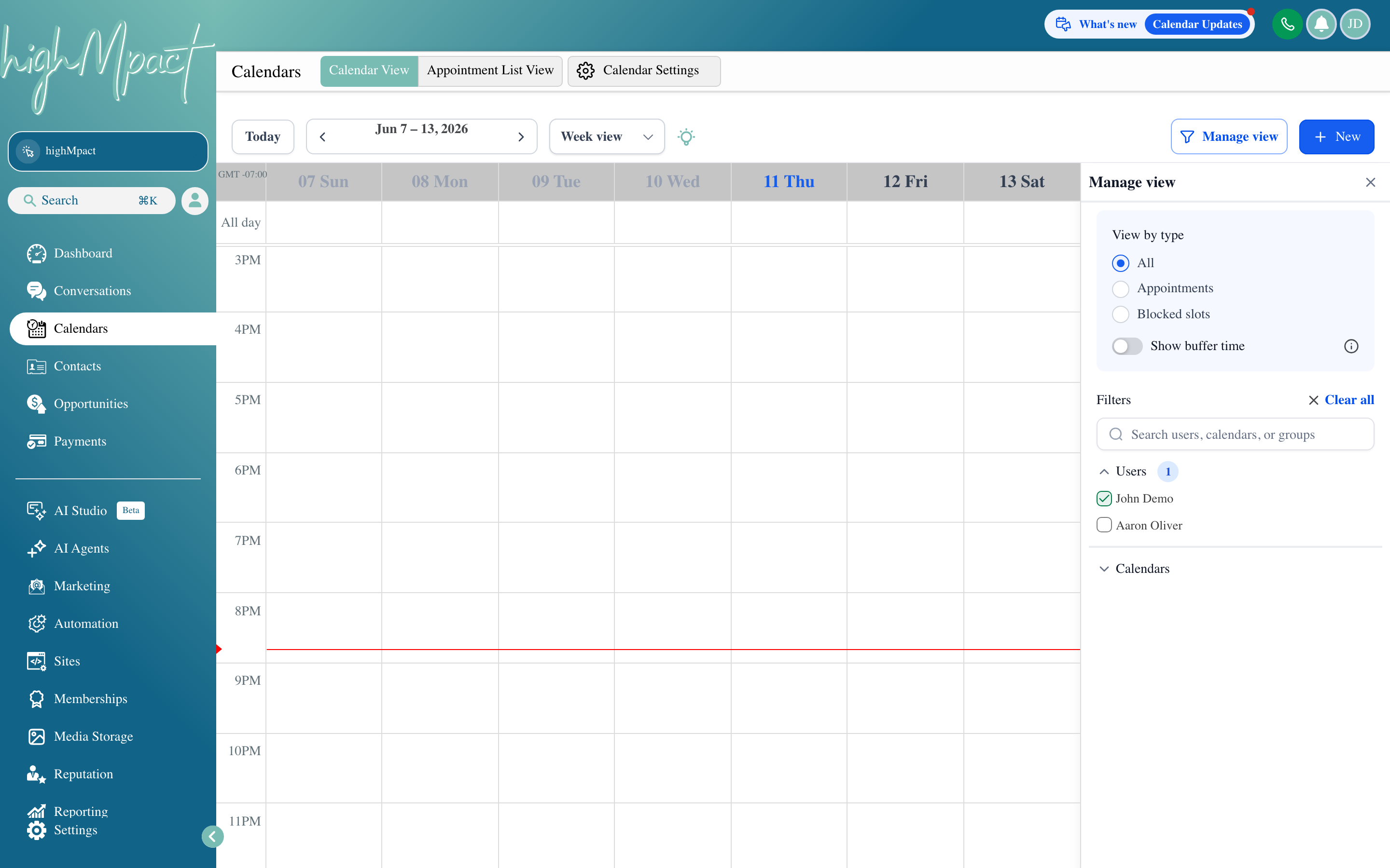 The highMpact Calendars view showing a weekly calendar grid with color-coded appointment blocks
