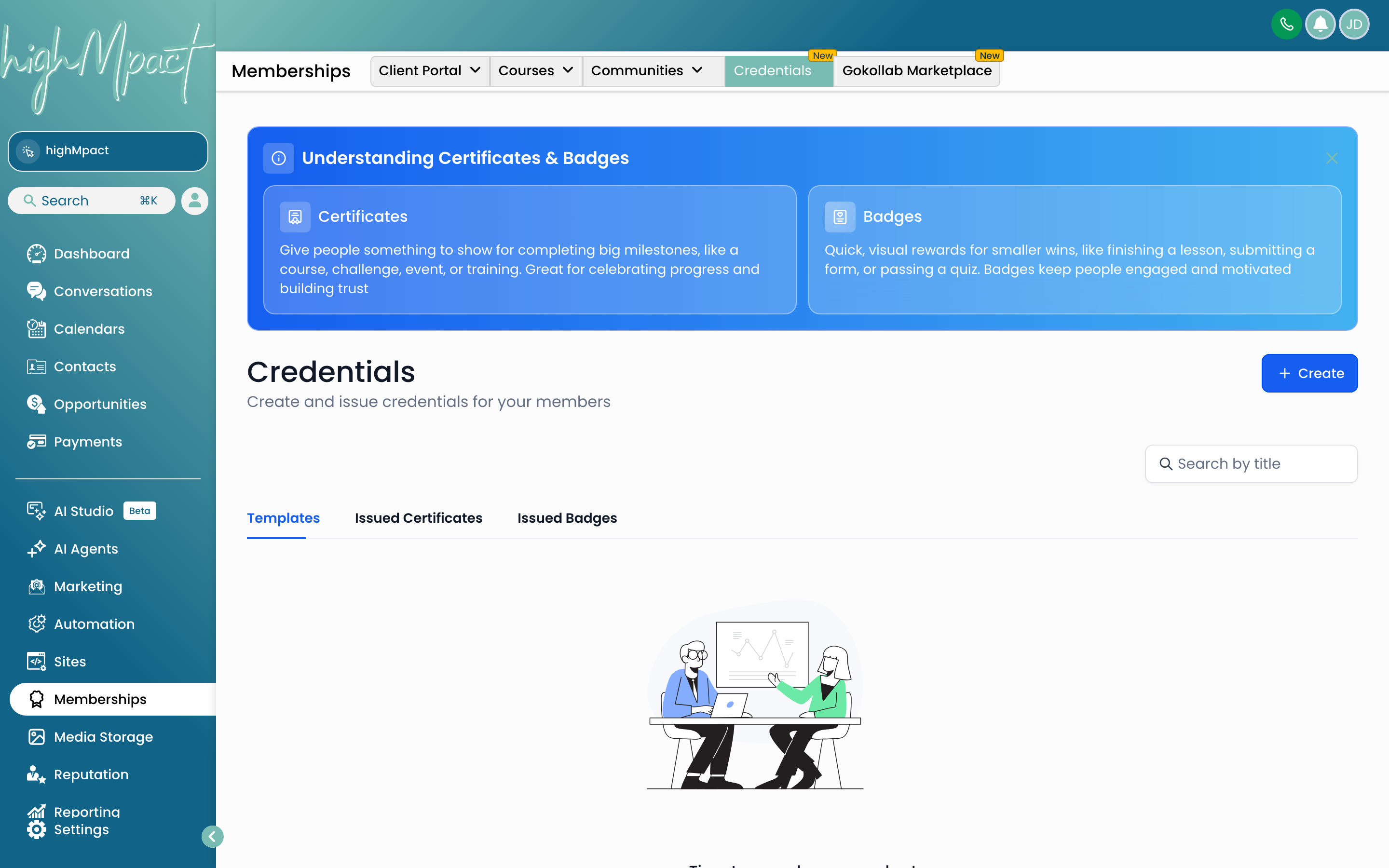The Certificate builder showing a designed completion certificate with a student's name, course title, completion date, and a signature field, with customization options in the right panel
