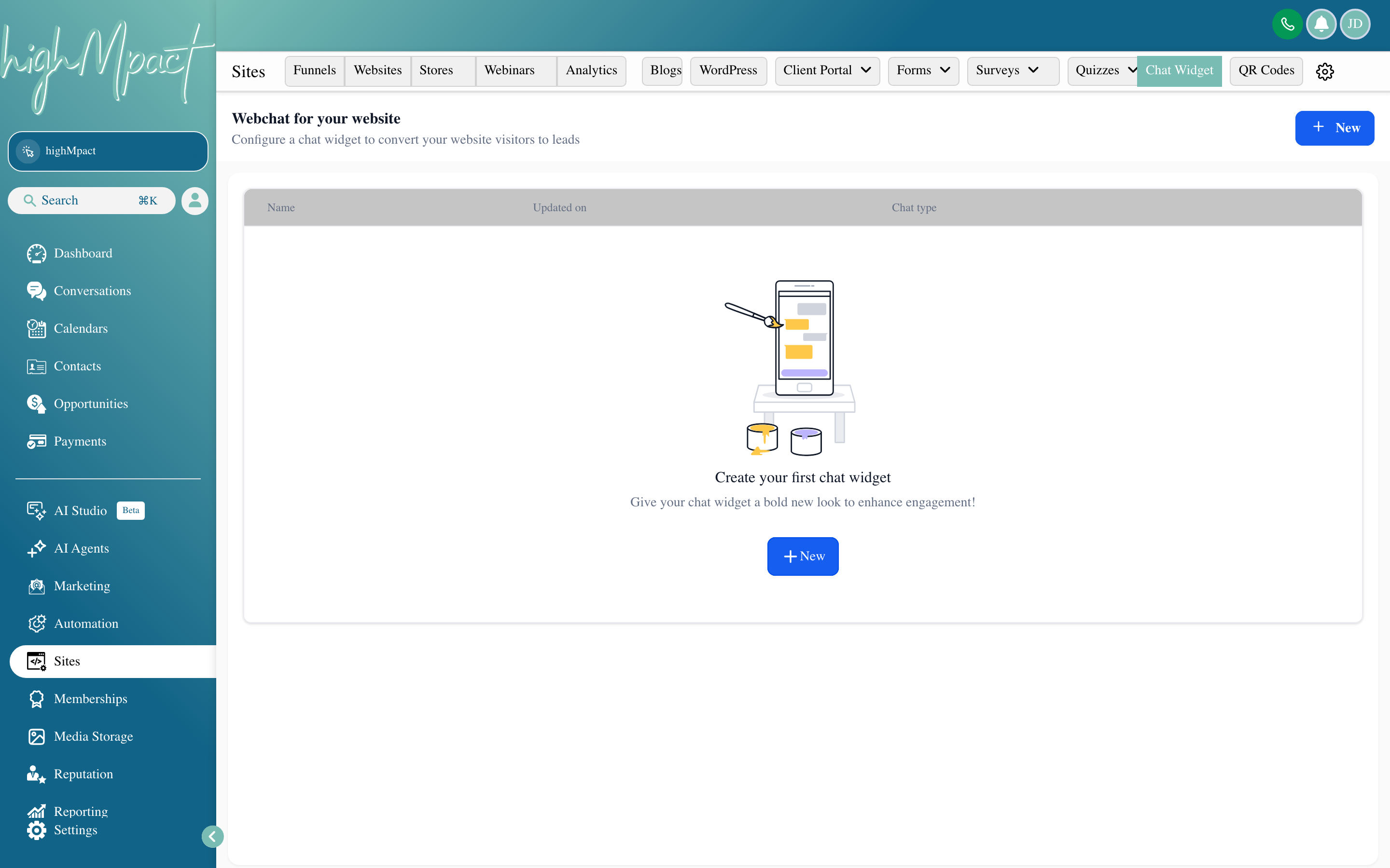 The Chat Widget customization screen showing the widget preview, color settings, and greeting message configuration
