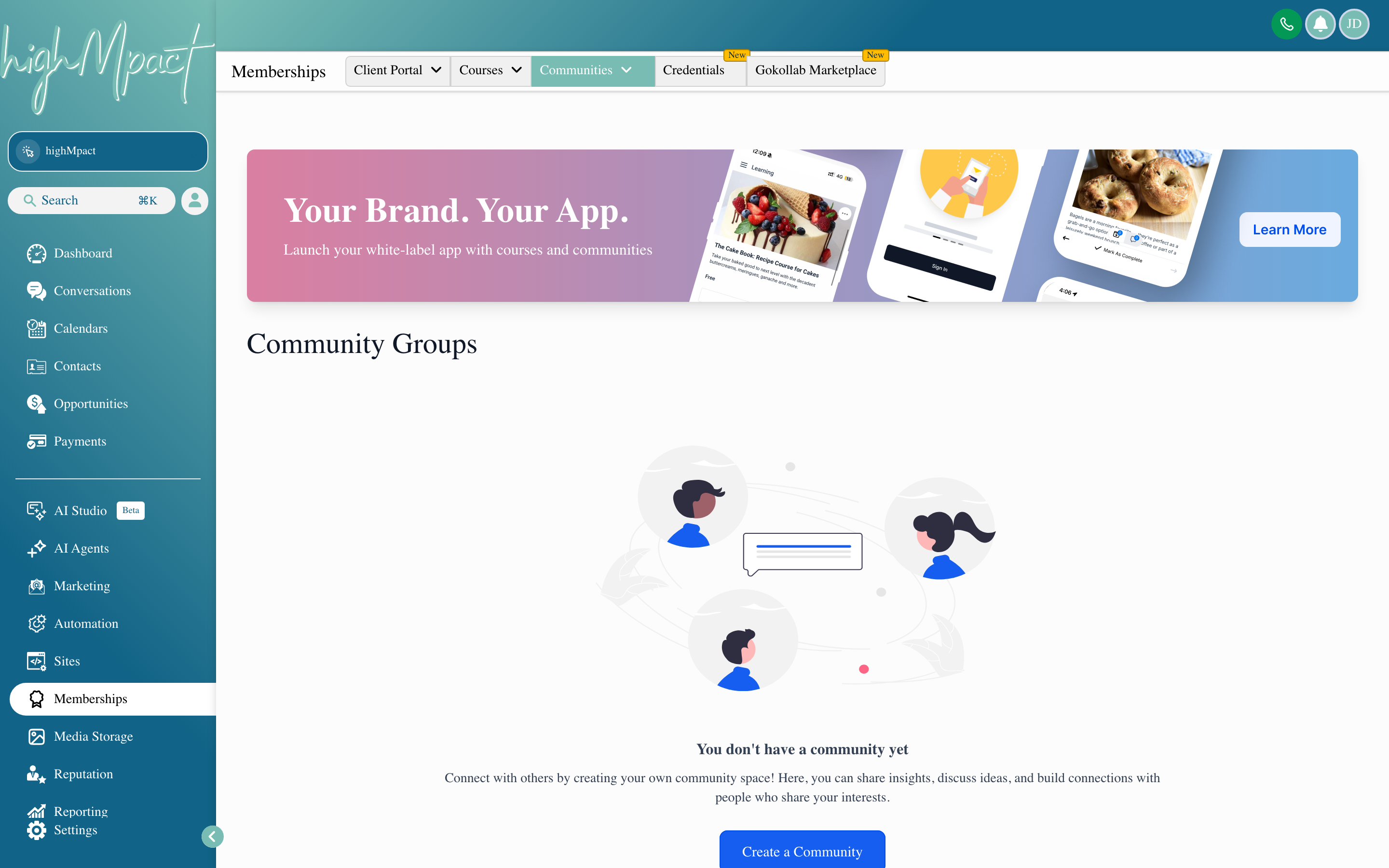 The Communities interface showing a branded group space with a feed of posts, a members list sidebar, and navigation tabs for channels, courses, and events
