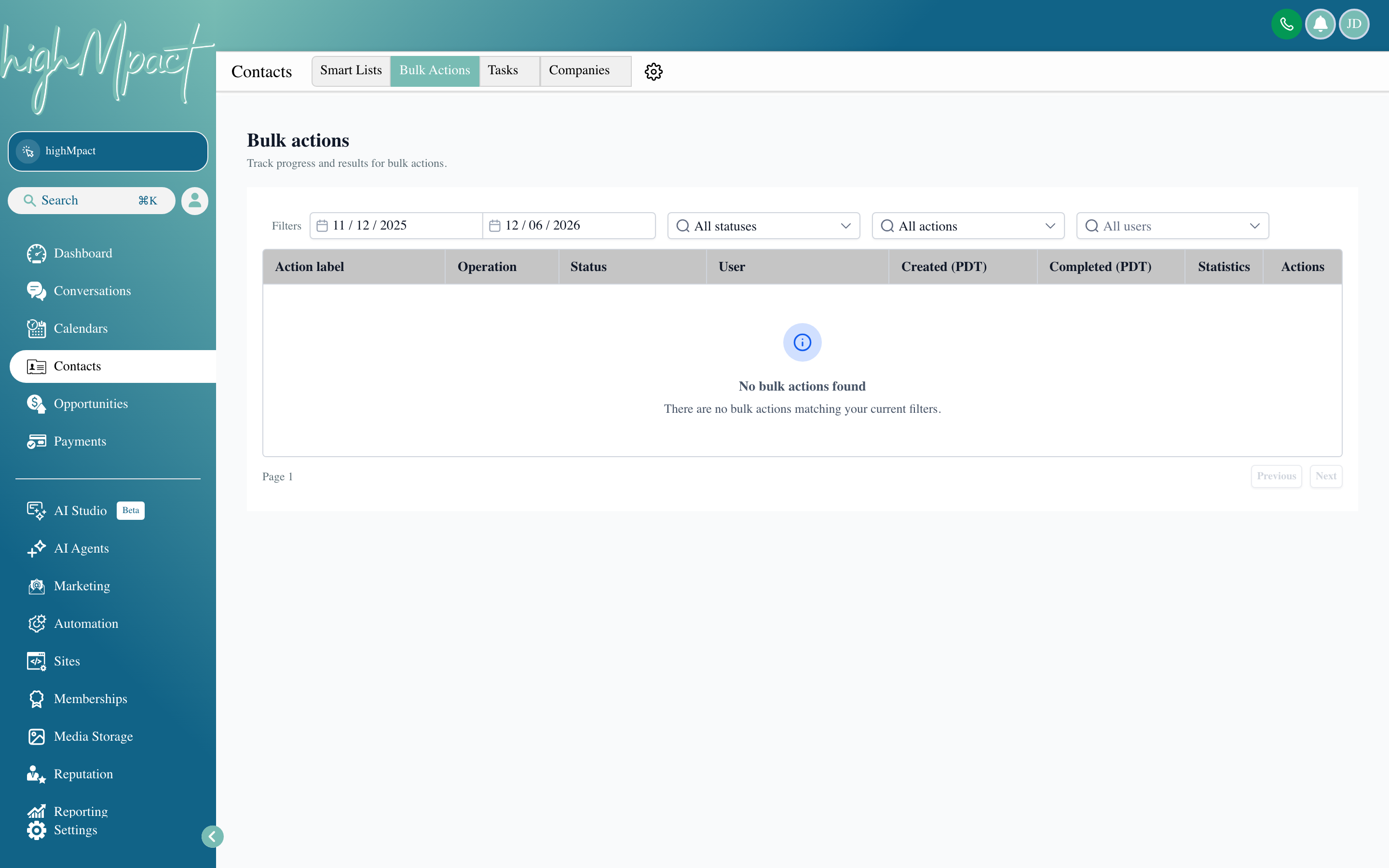 The Contacts list with multiple contacts selected via checkboxes, and the Bulk Actions menu open showing options to tag, export, add to workflow, or delete
