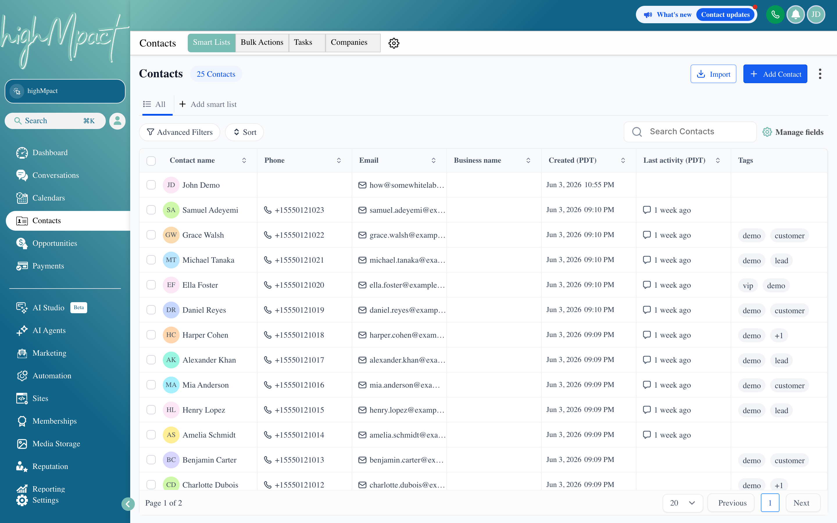 The Contacts list view showing a table of contacts with columns for name, phone, email, tags, and lead source