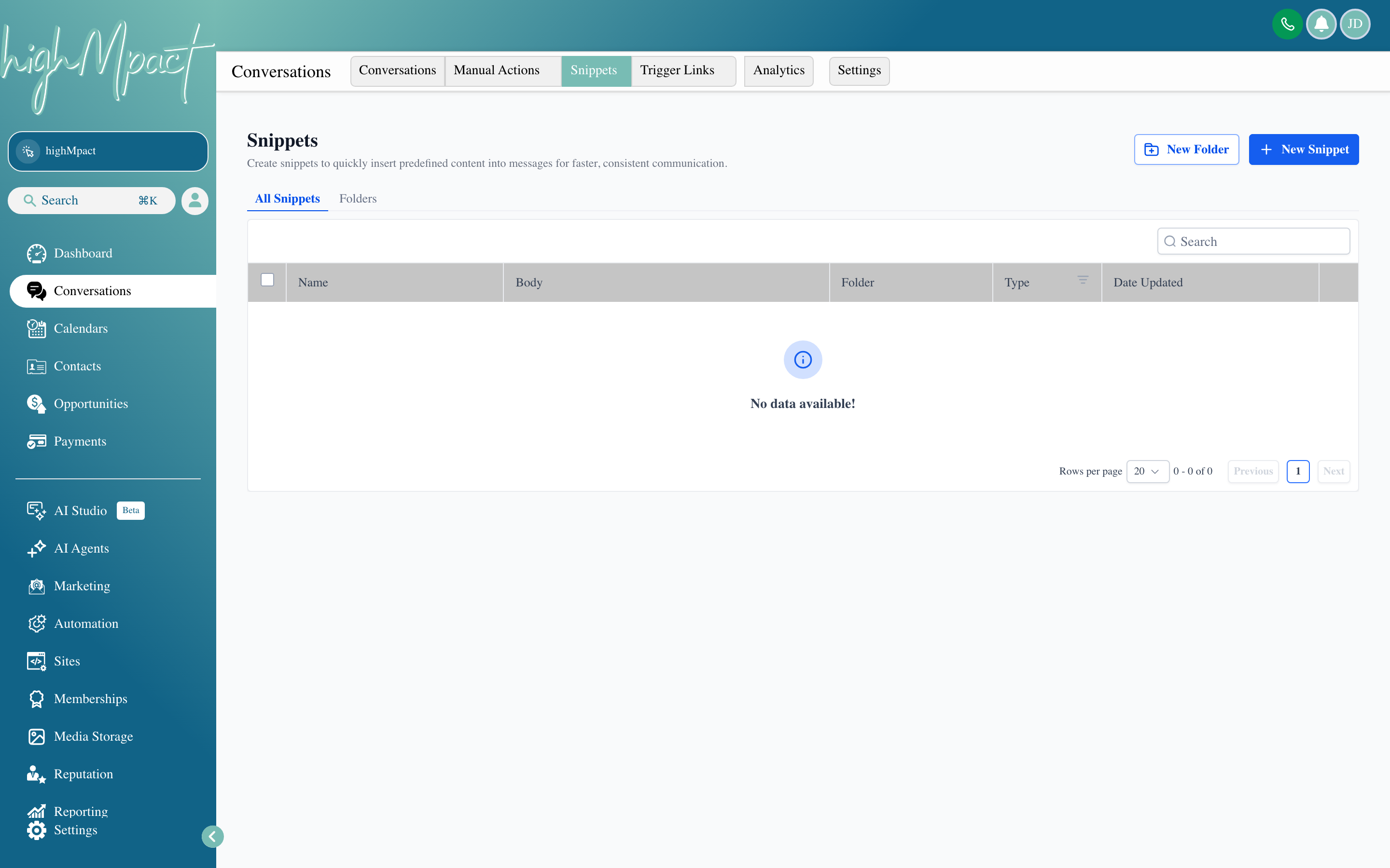 The Snippets panel open inside a conversation, showing a list of saved reply templates ready to insert