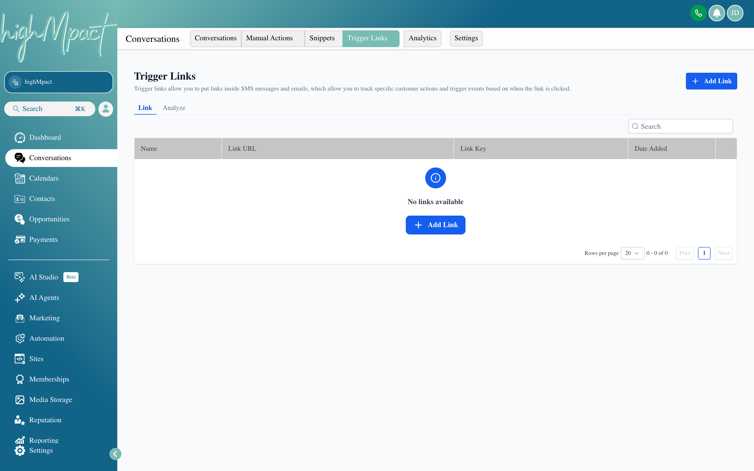 The Trigger Links panel inside a conversation, showing a list of named trackable links ready to insert into a message