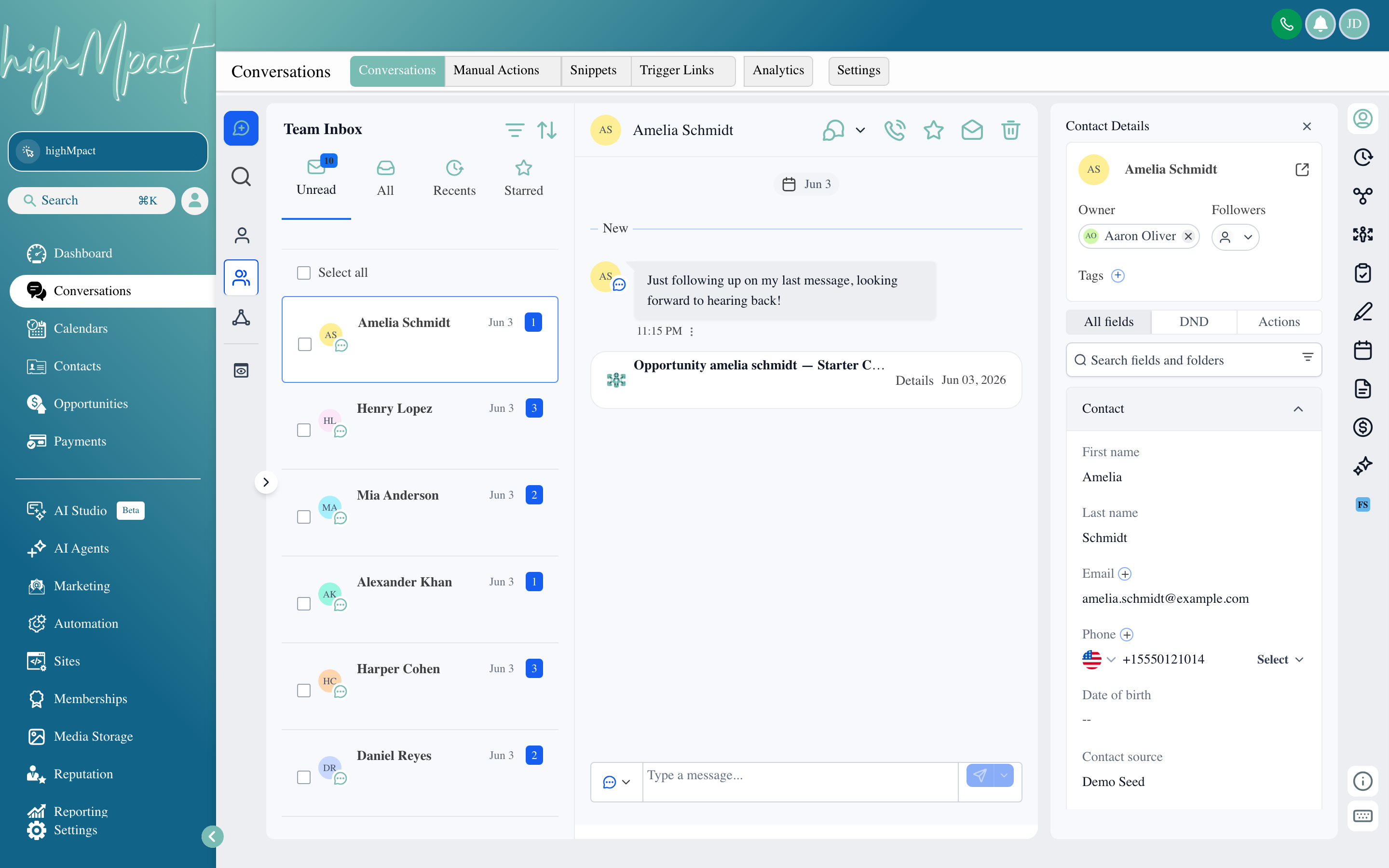 The Conversations inbox showing a list of message threads on the left and an open thread with a reply box on the right