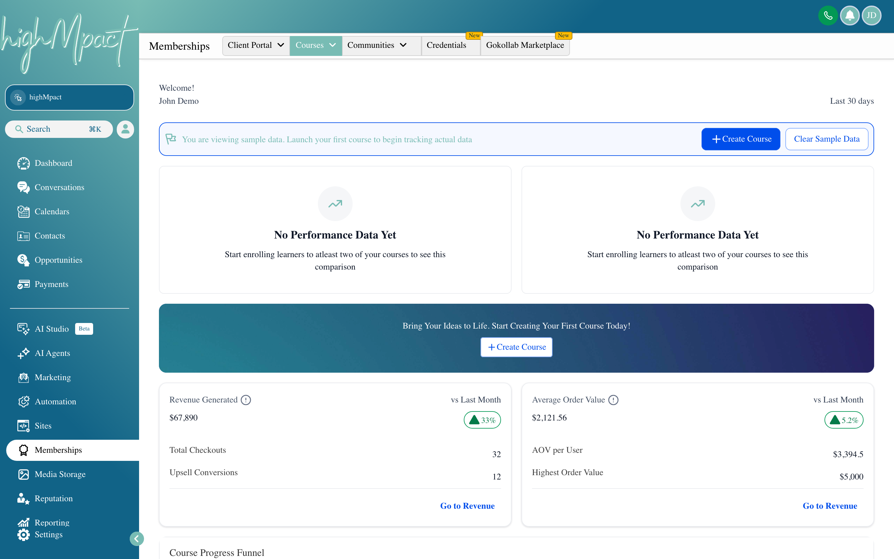 The Memberships hub showing a course library with published and draft courses, a Communities section, and a Certificates tab