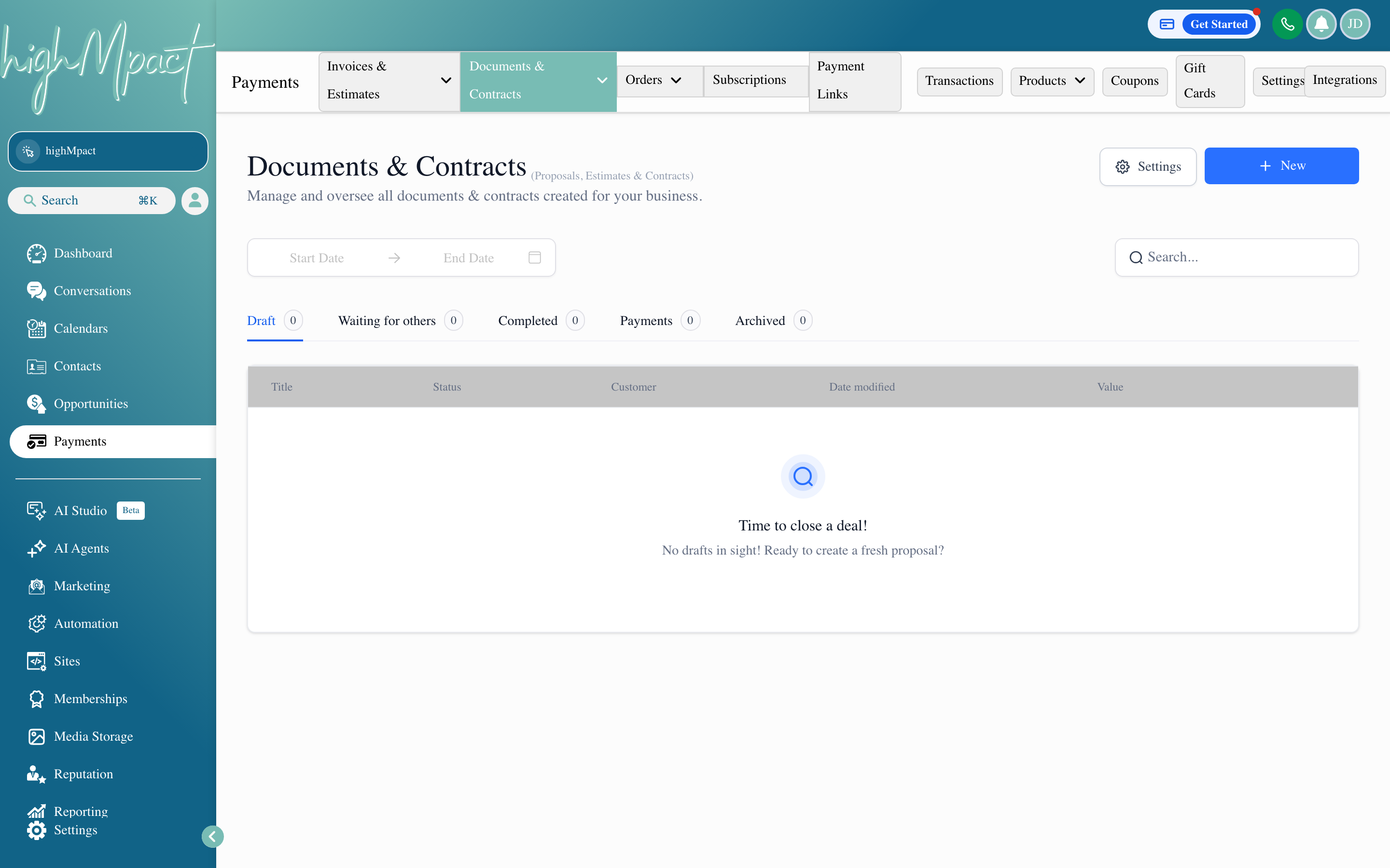 The Documents and Contracts screen showing a list of proposals and contracts with e-signature status