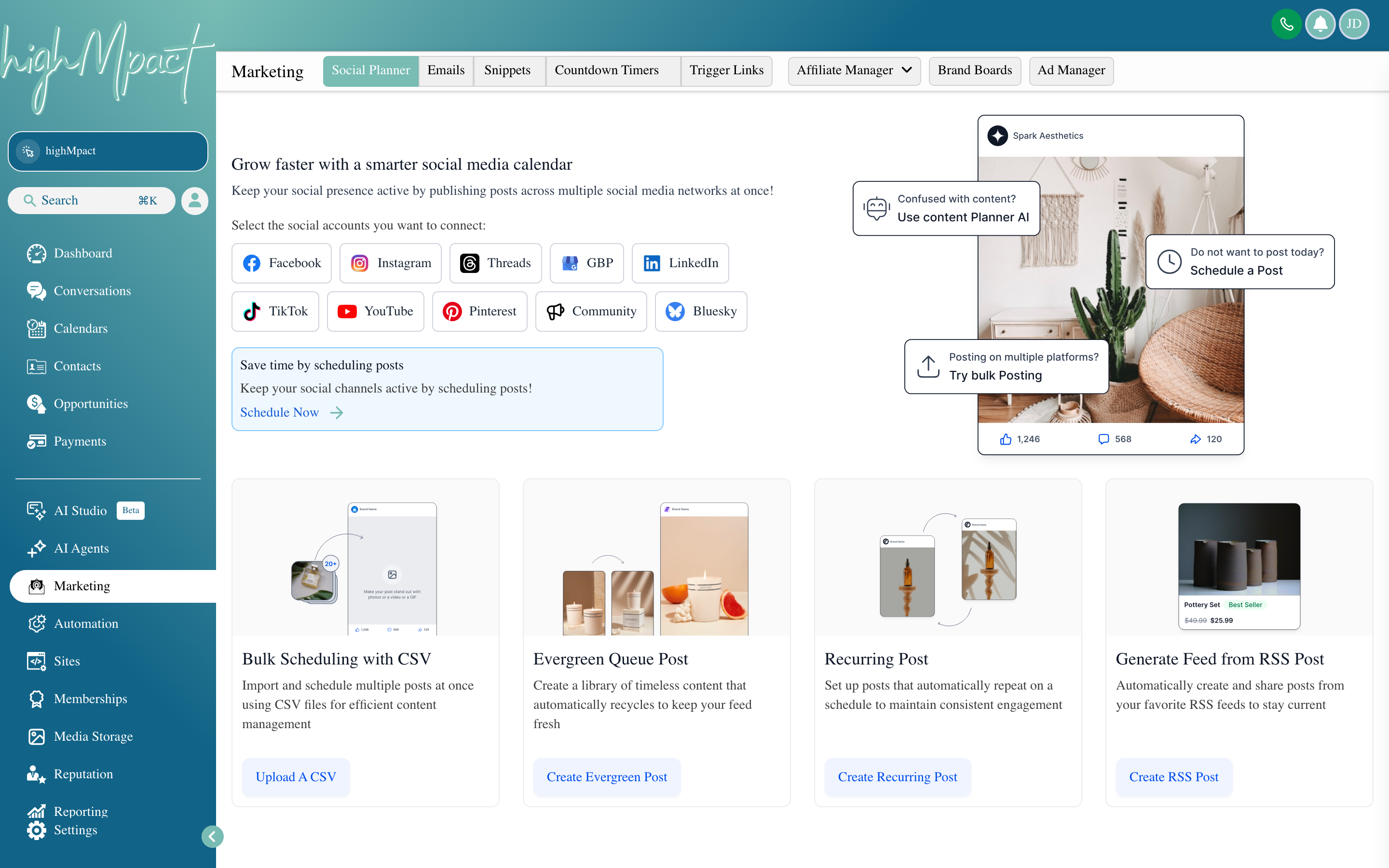 The Marketing section overview showing navigation links for Social Planner, Email Campaigns, Templates, Trigger Links, Affiliate Manager, and Brand Boards