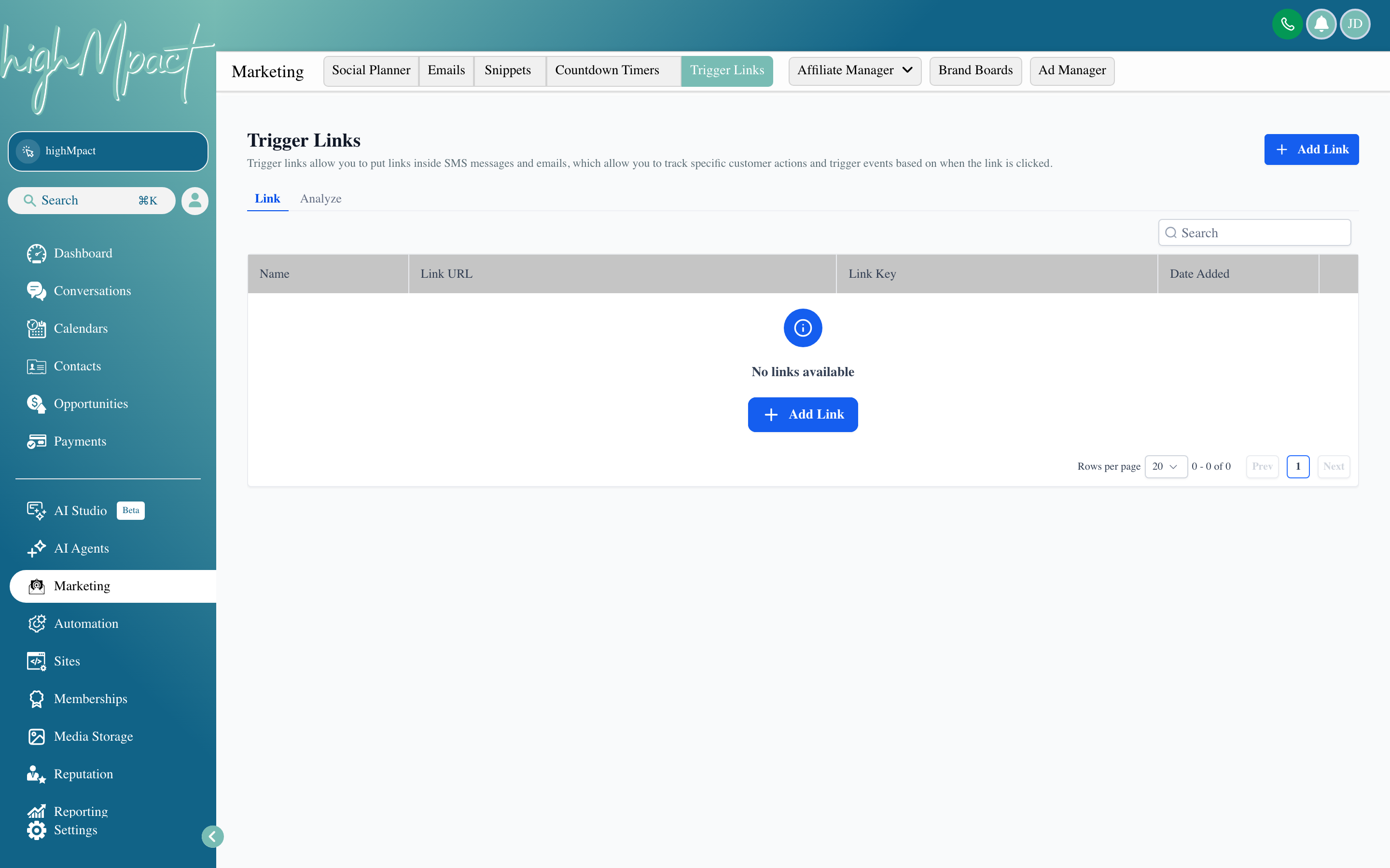 The Trigger Links manager showing a list of trackable links with their target URLs, associated workflows, and click counts