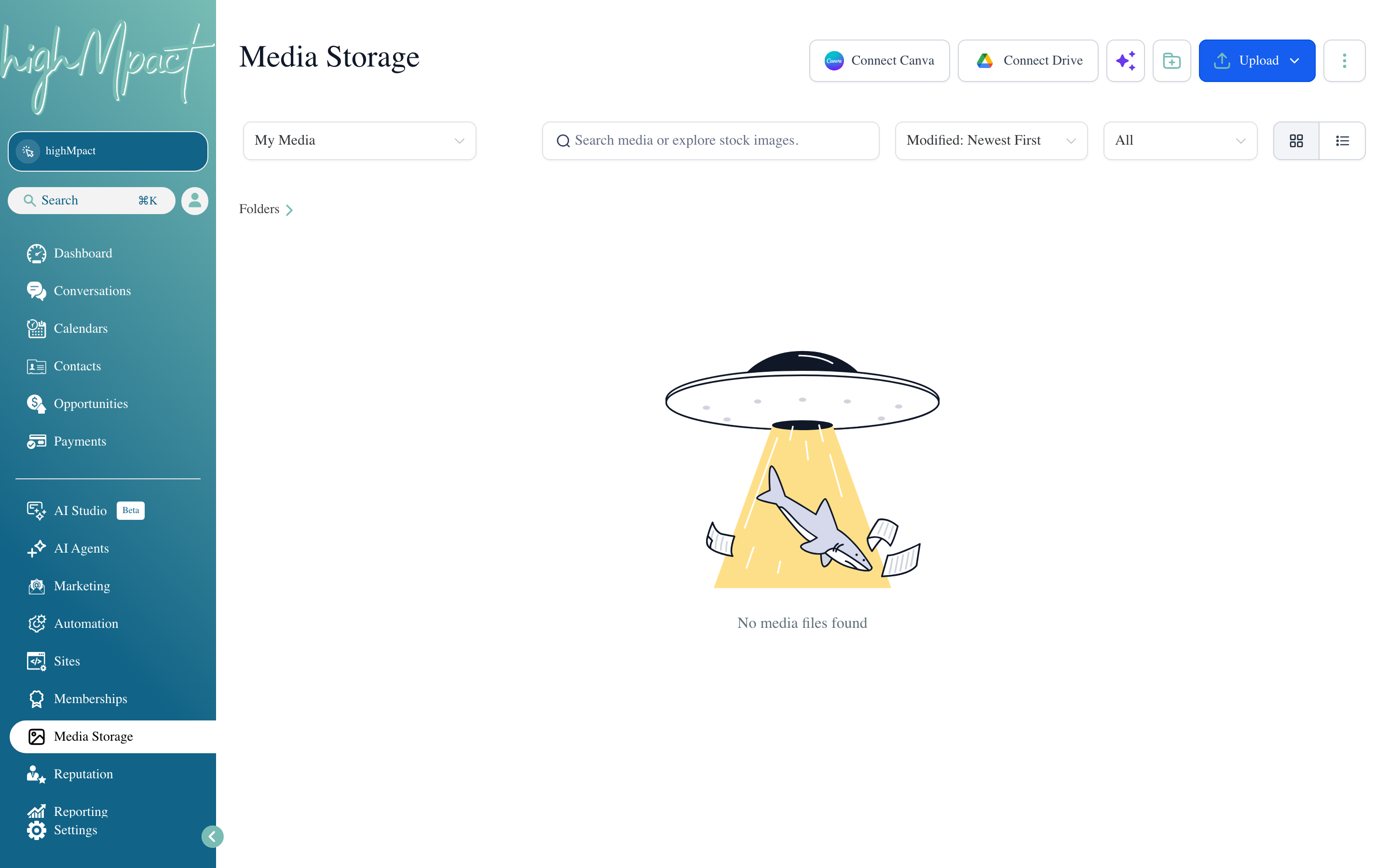 The Media Storage library showing a grid of uploaded images and videos organized into folders, with an upload button and search bar at the top