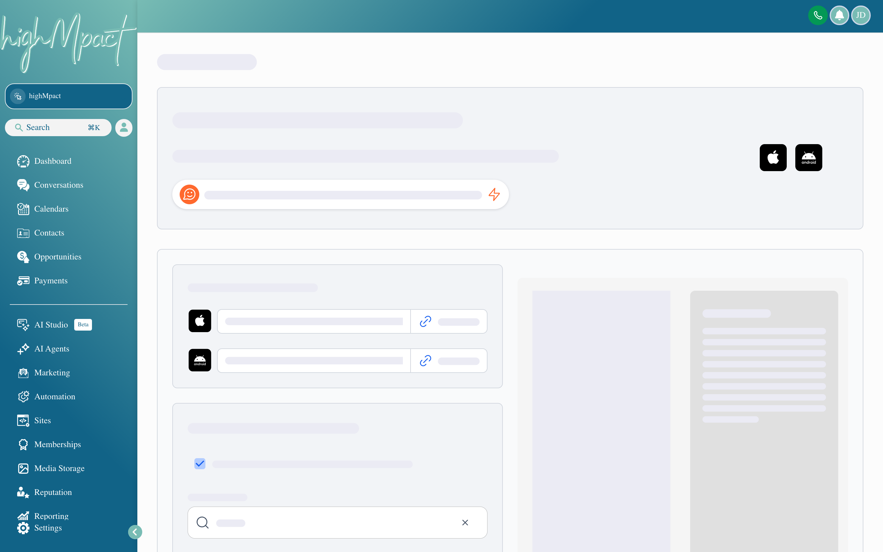 The mobile app home screen showing a conversations inbox, contact quick-actions, upcoming appointments, and a notification badge for new leads