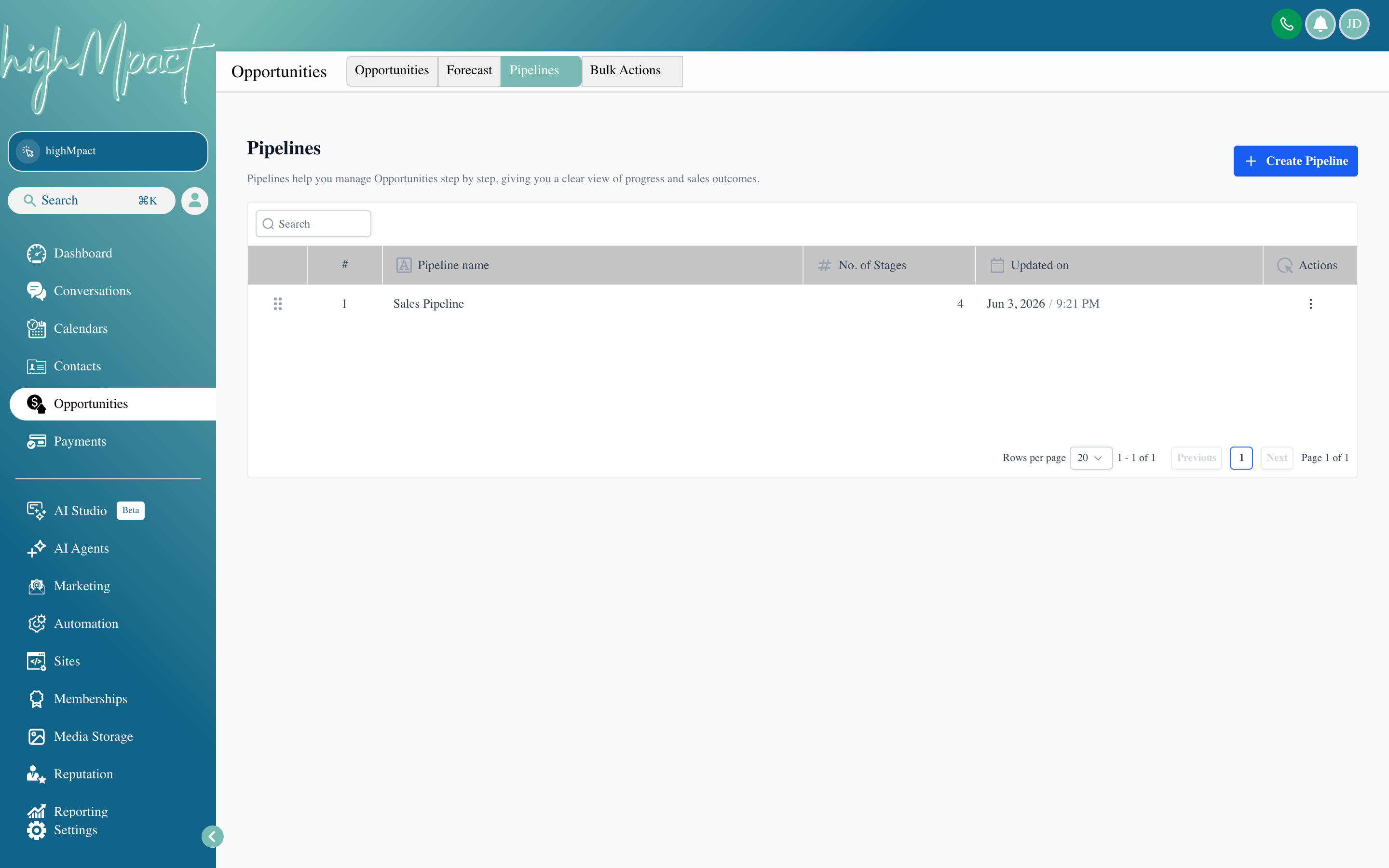 The highMpact pipeline settings screen showing a list of pipelines and their editable stage names