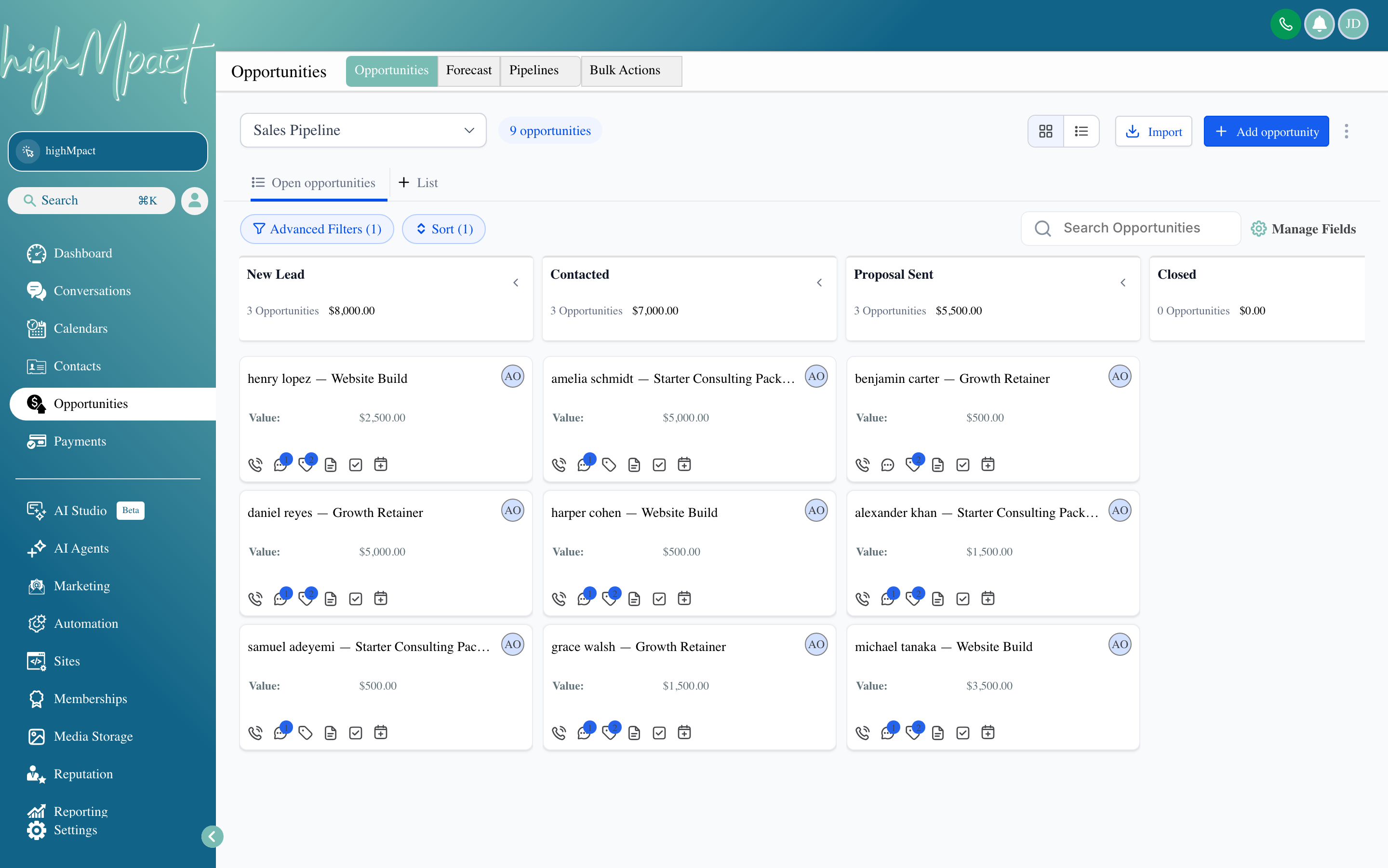 The highMpact Opportunities screen showing a Kanban pipeline board with deal cards in stage columns