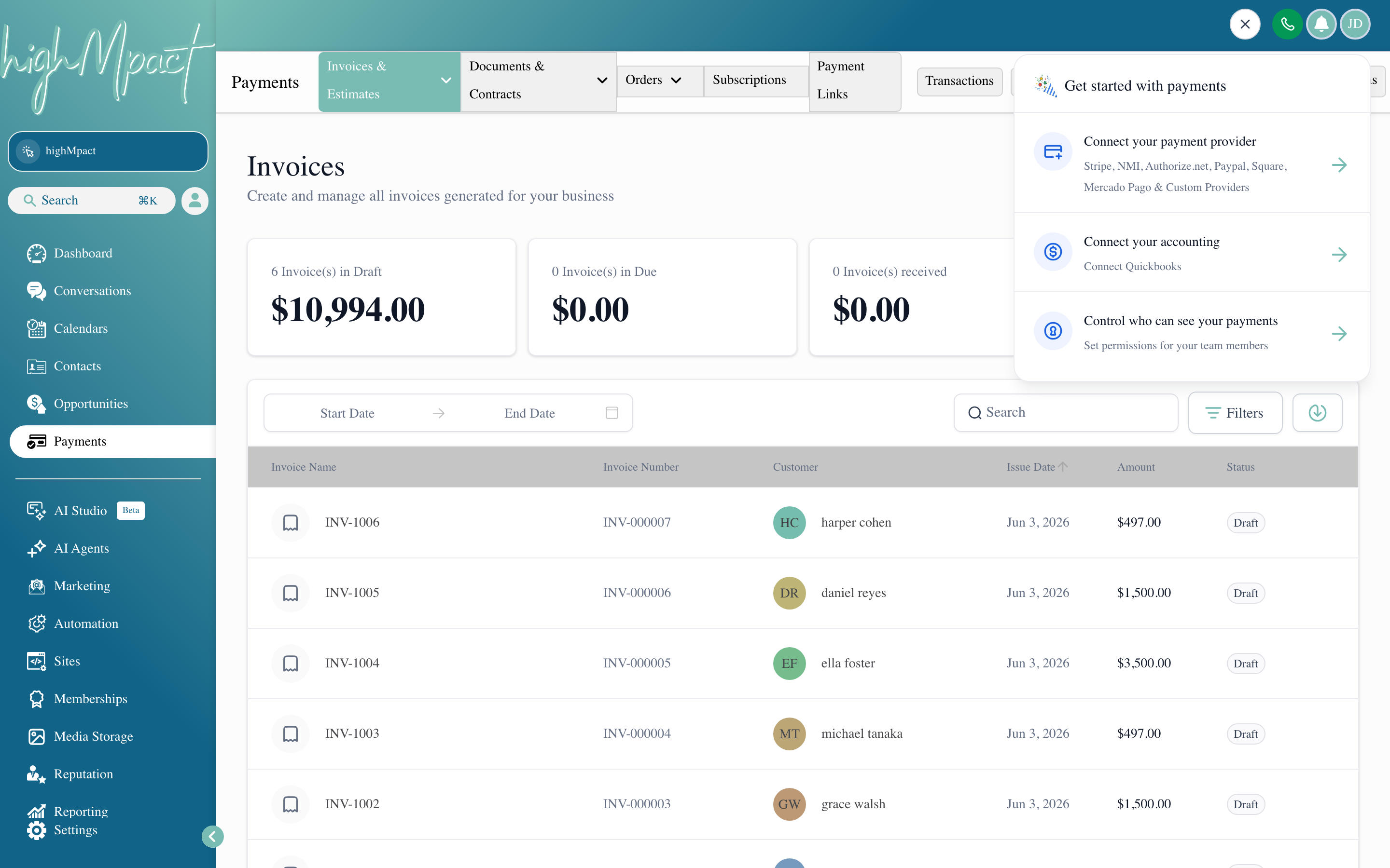 The Payments overview screen showing the Invoices tab with a list of draft, sent, and paid invoices
