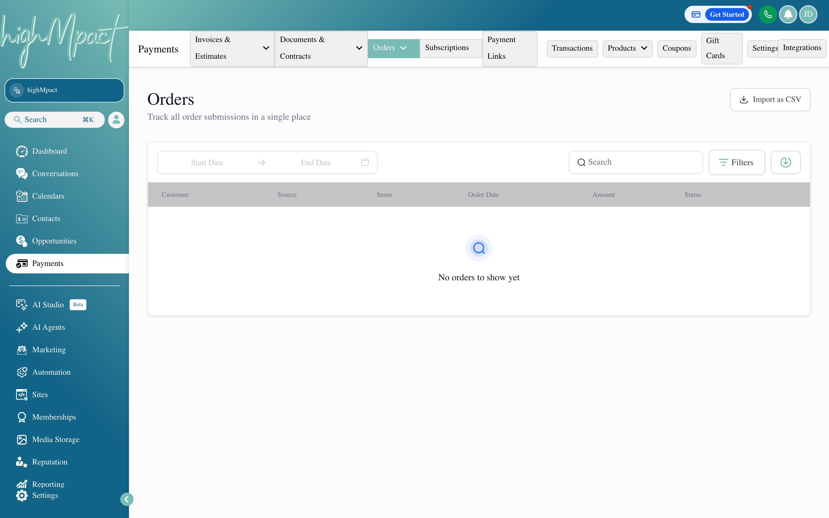 The Orders tab showing a list of completed purchases with contact names, products, and totals