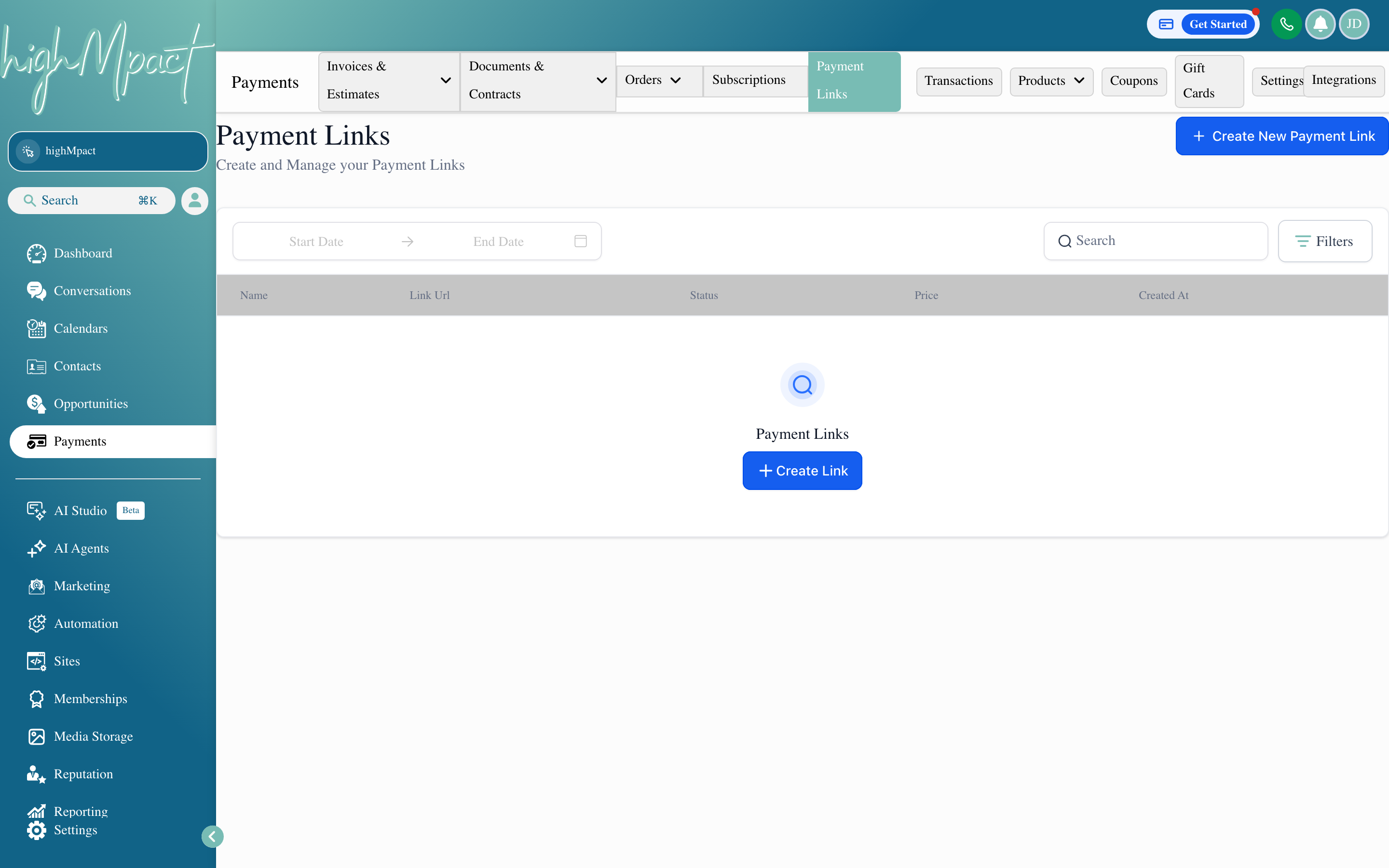 A payment link configuration screen showing a product selection and shareable URL