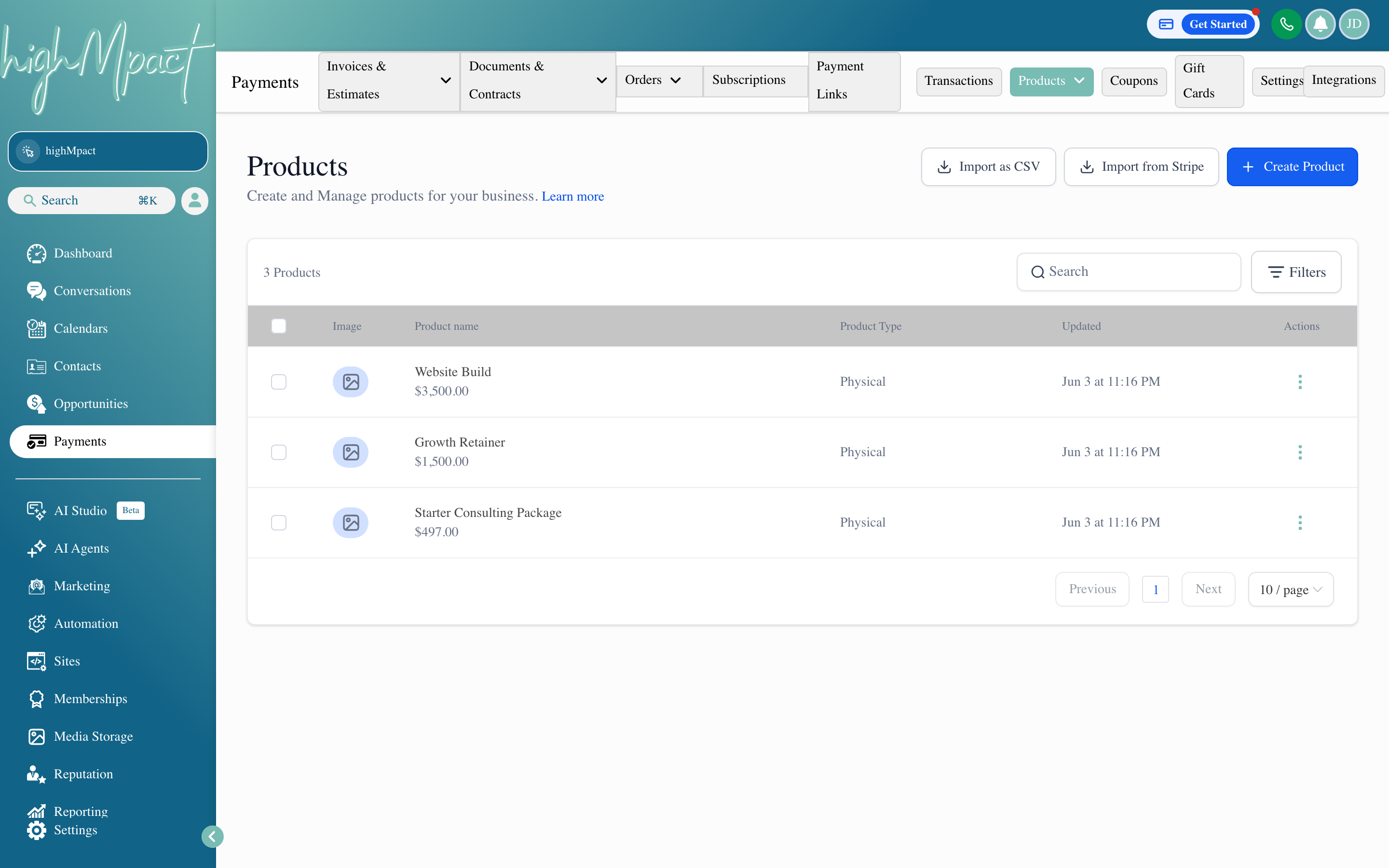The Products tab showing a catalog of services with names, descriptions, and prices
