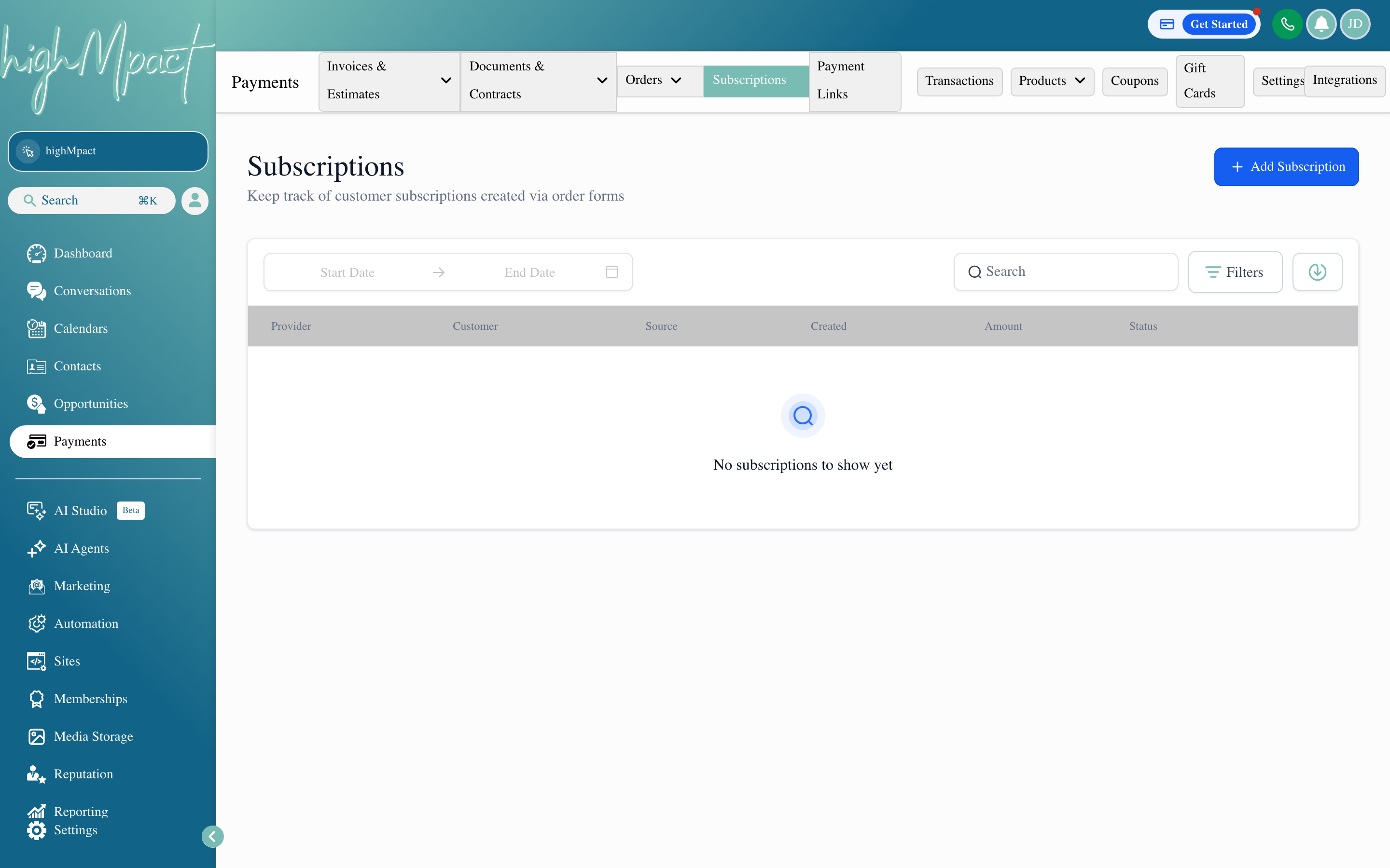 The Subscriptions tab showing a list of active recurring billing plans with renewal dates