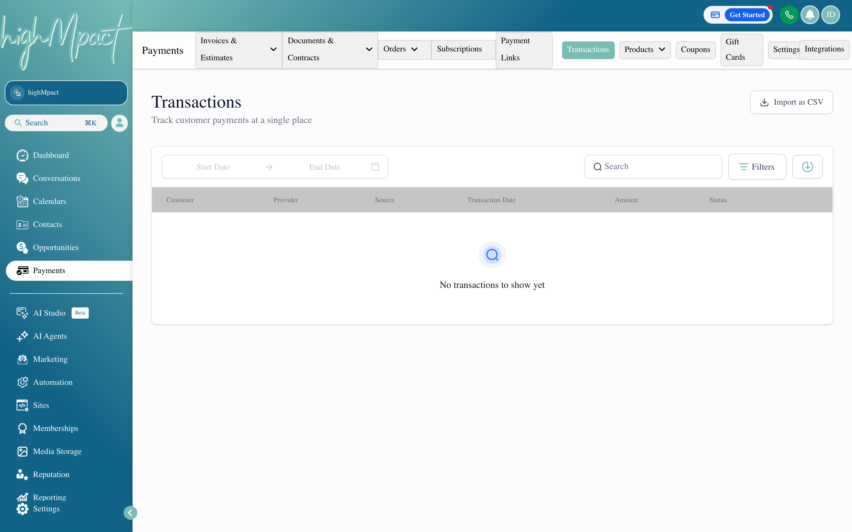 The Transactions tab showing a detailed ledger of money in and out across all payment methods