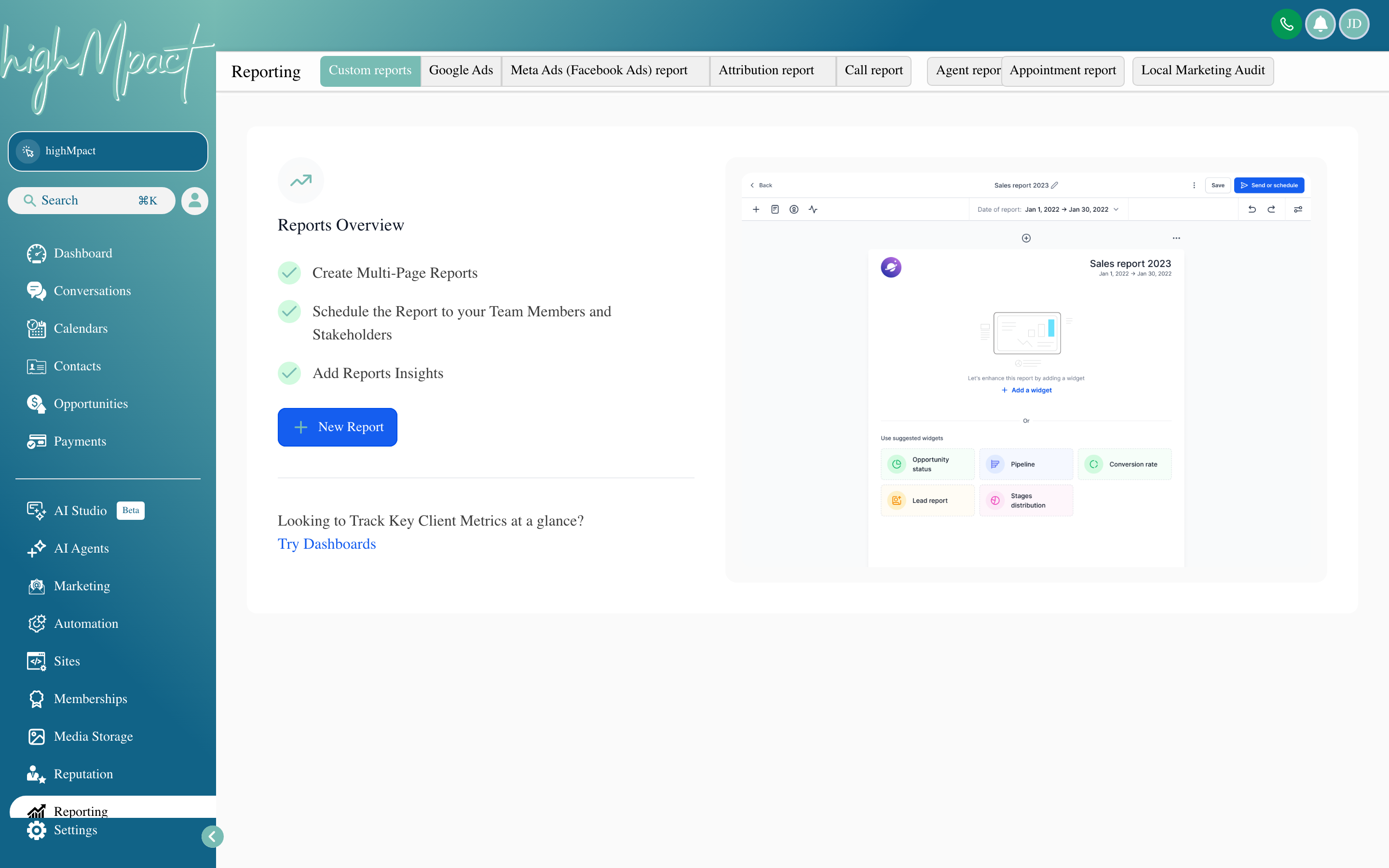 The Reporting hub overview showing summary cards for appointments, pipeline revenue, and conversion rate, with a date range selector and navigation tabs for different report types