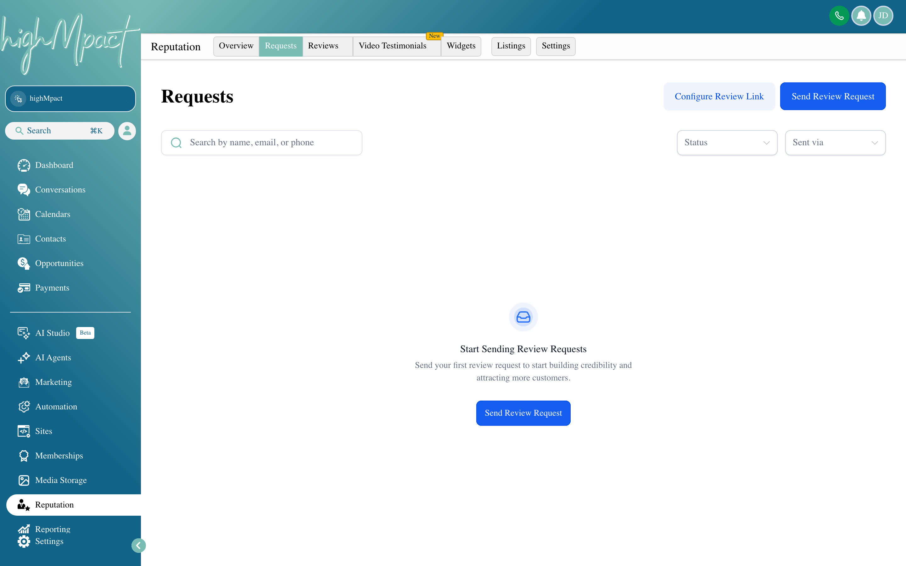 The highMpact Reputation review requests screen showing a contact search field, SMS and email channel options, and a send button