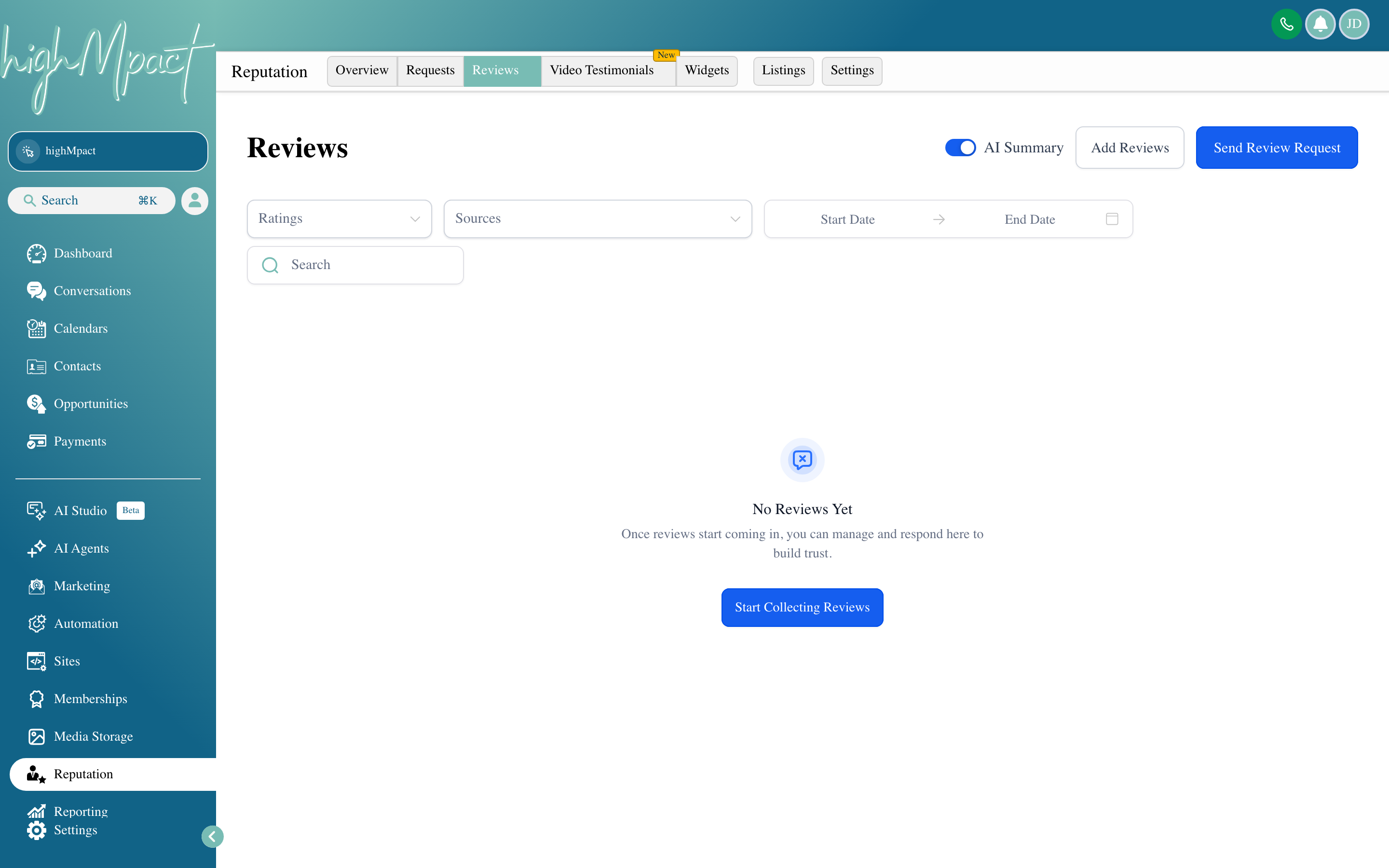 The highMpact Reputation reviews screen showing a list of incoming reviews with star ratings, review text, and reply fields