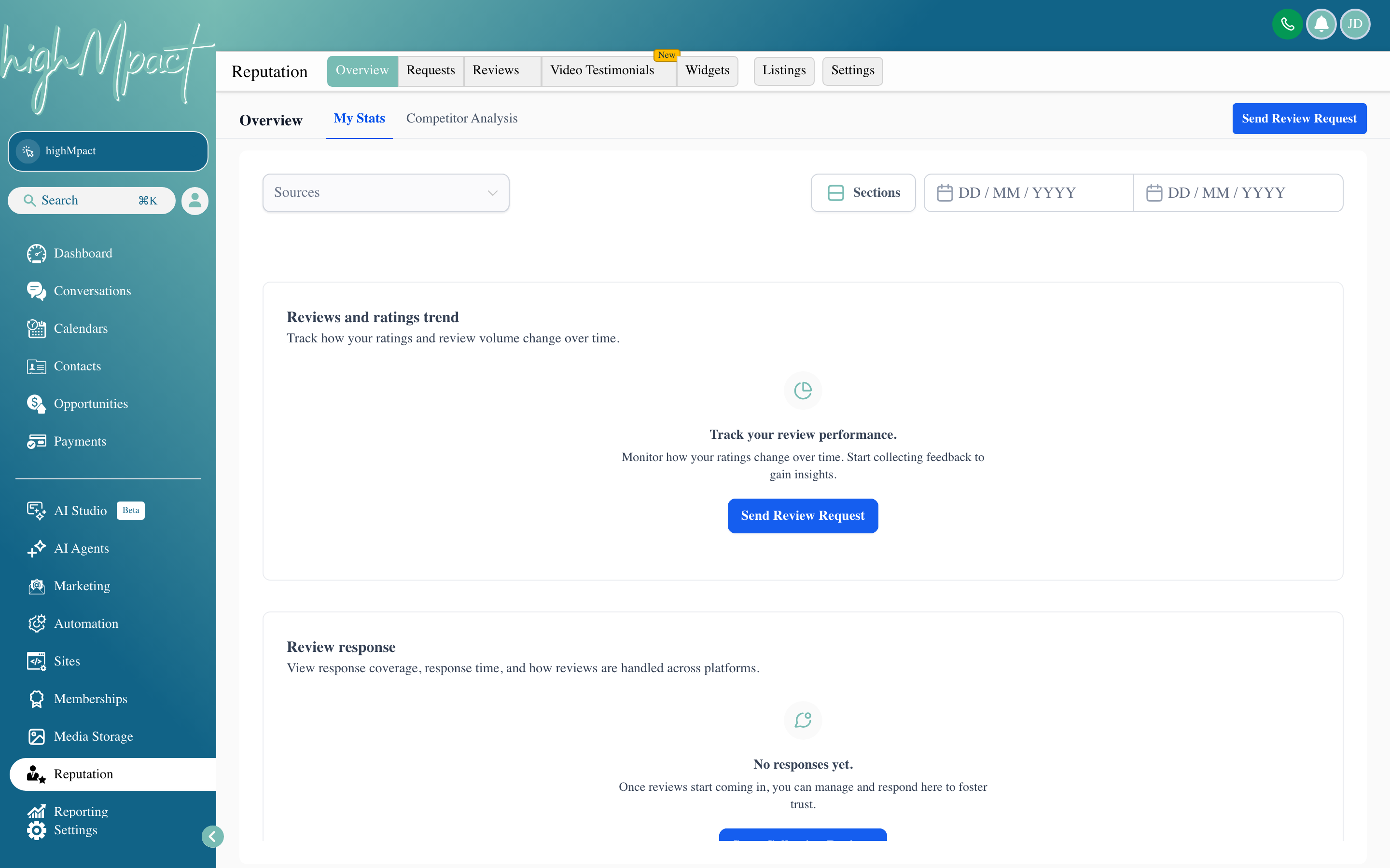 The highMpact Reputation overview dashboard showing overall star rating, total review count, and a breakdown by platform