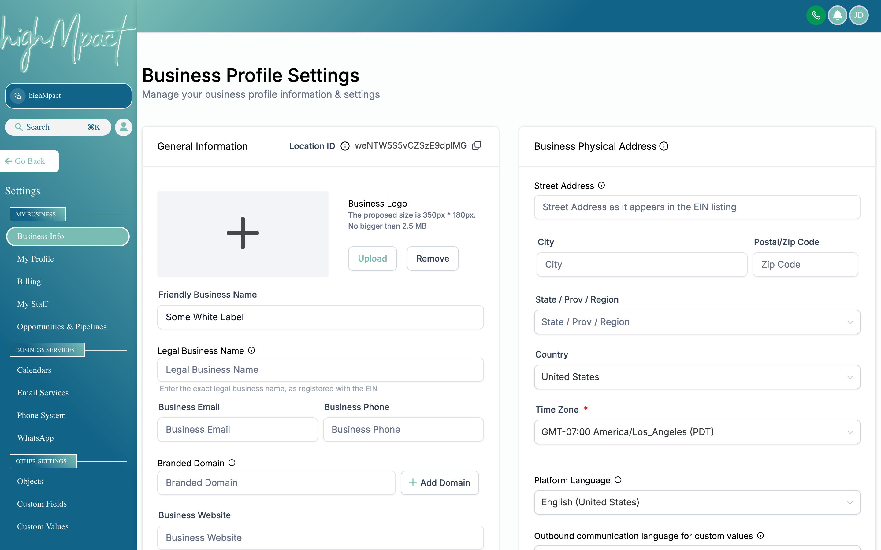 The Business Info settings page showing fields for company name, address, phone, website, and business hours