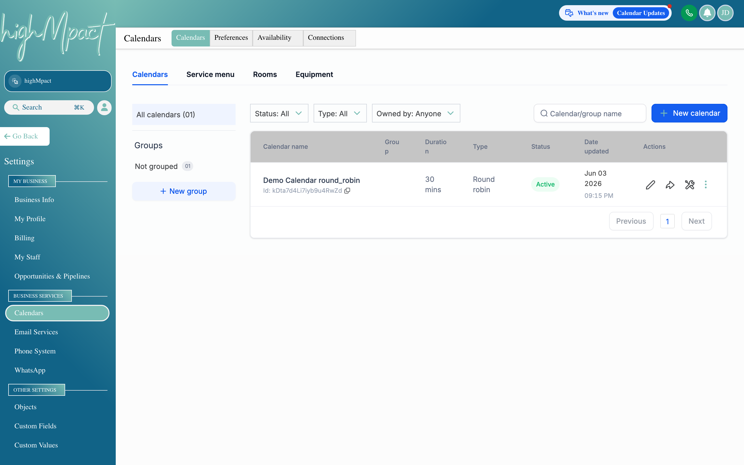 The Calendar Settings page showing availability slots, appointment types, and booking rules