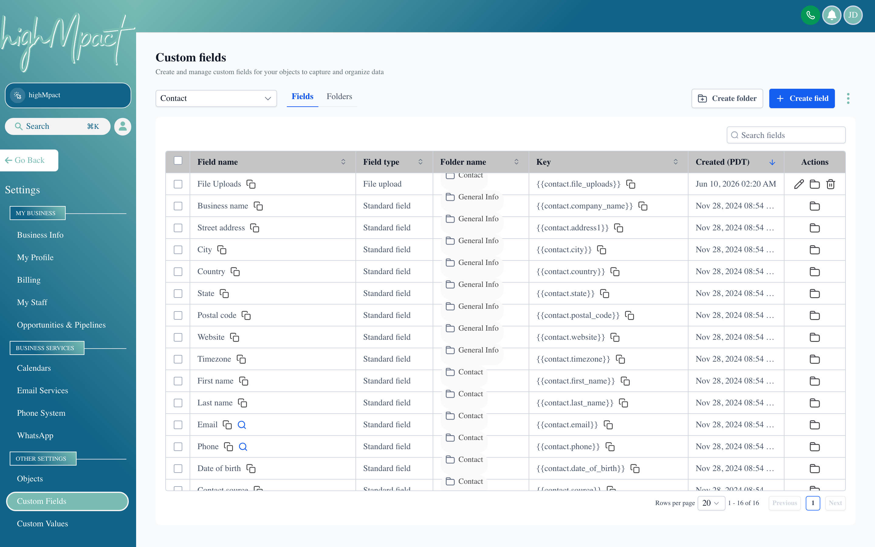 The Custom Fields settings page showing a list of contact fields with their types and labels