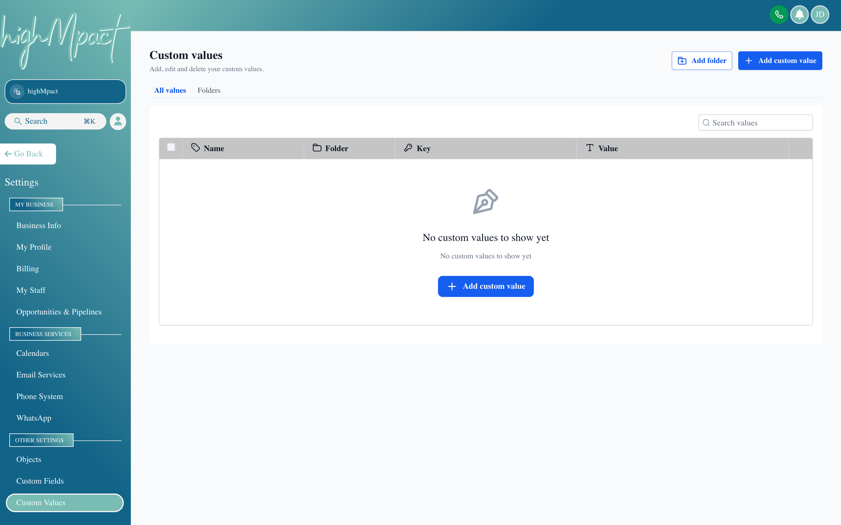 The Custom Values settings page showing a list of reusable variable names and their current values
