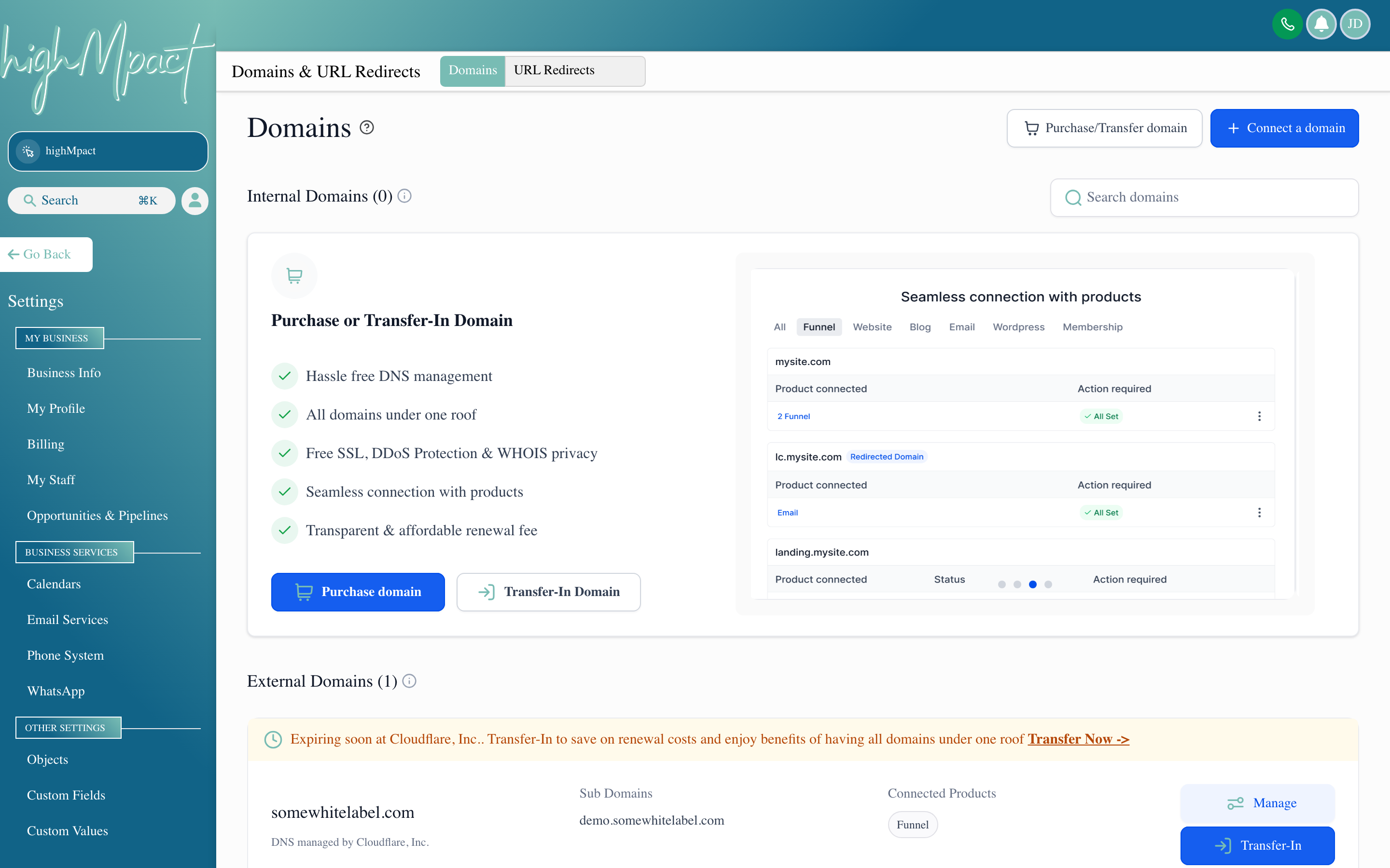 The Domains settings page showing a custom domain connected to the account with SSL status and assignment options