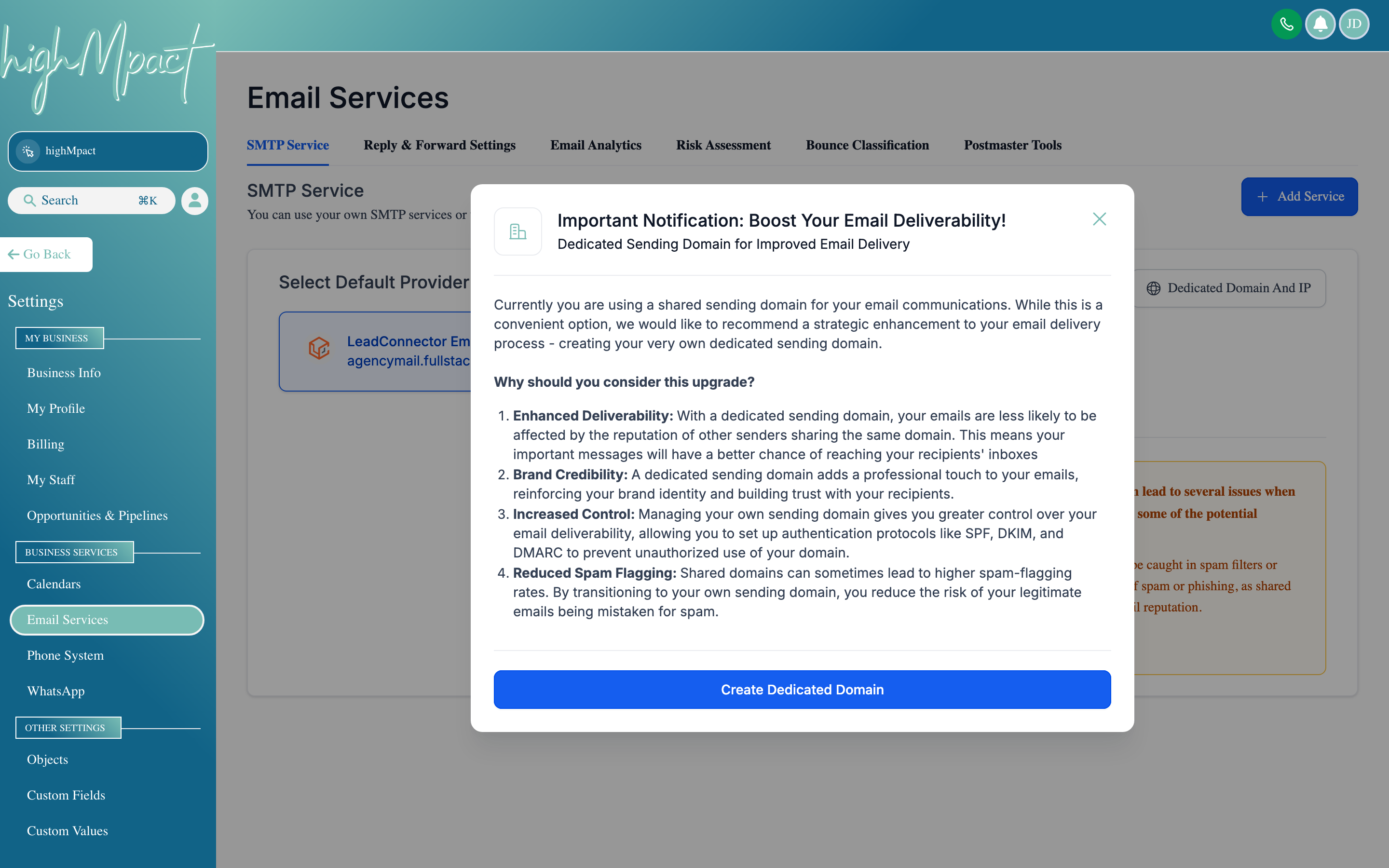 The Email Settings page showing a connected sending domain, DKIM verification status, and SMTP configuration options