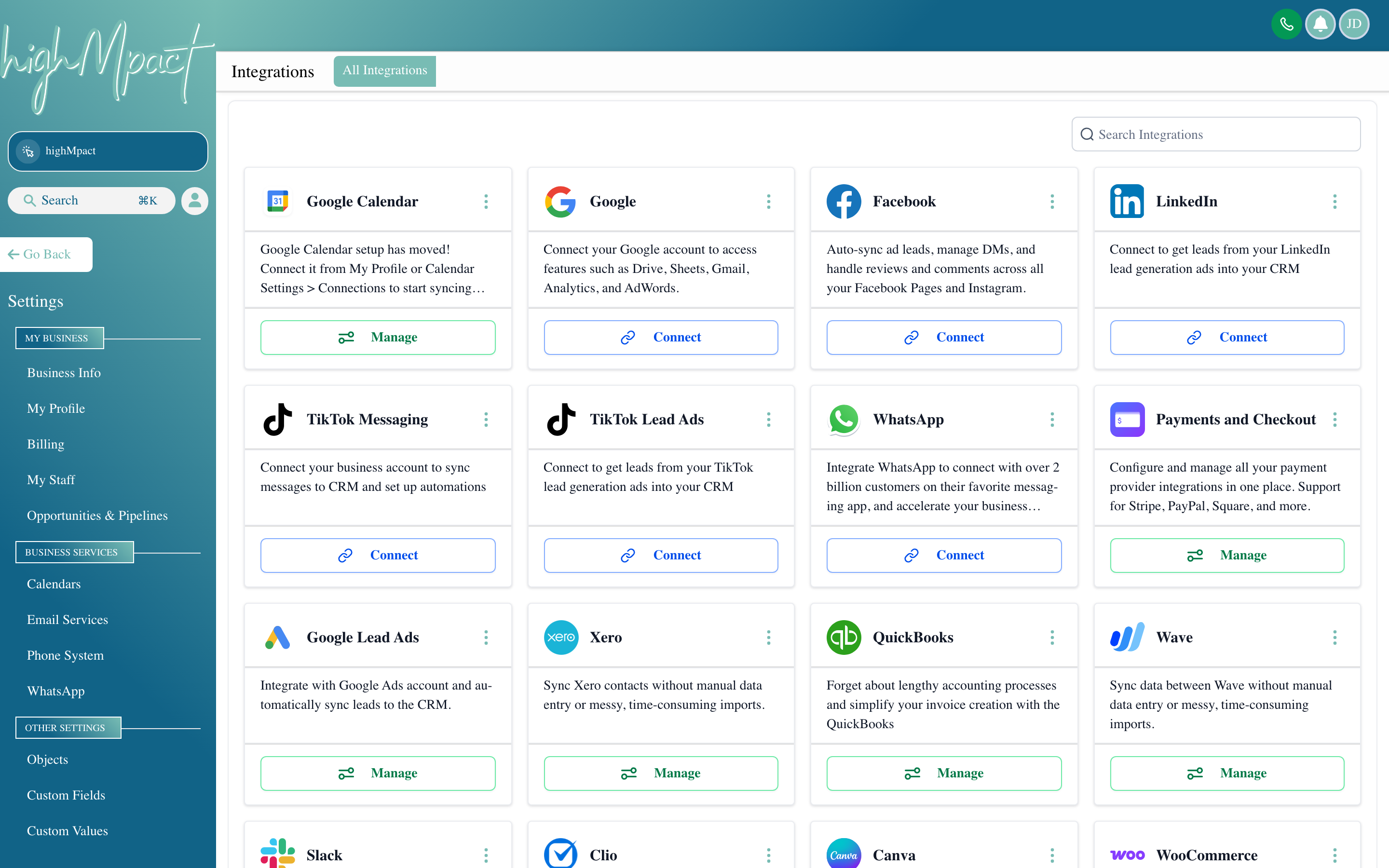 The Integrations settings page showing a grid of available app integrations with connection status indicators