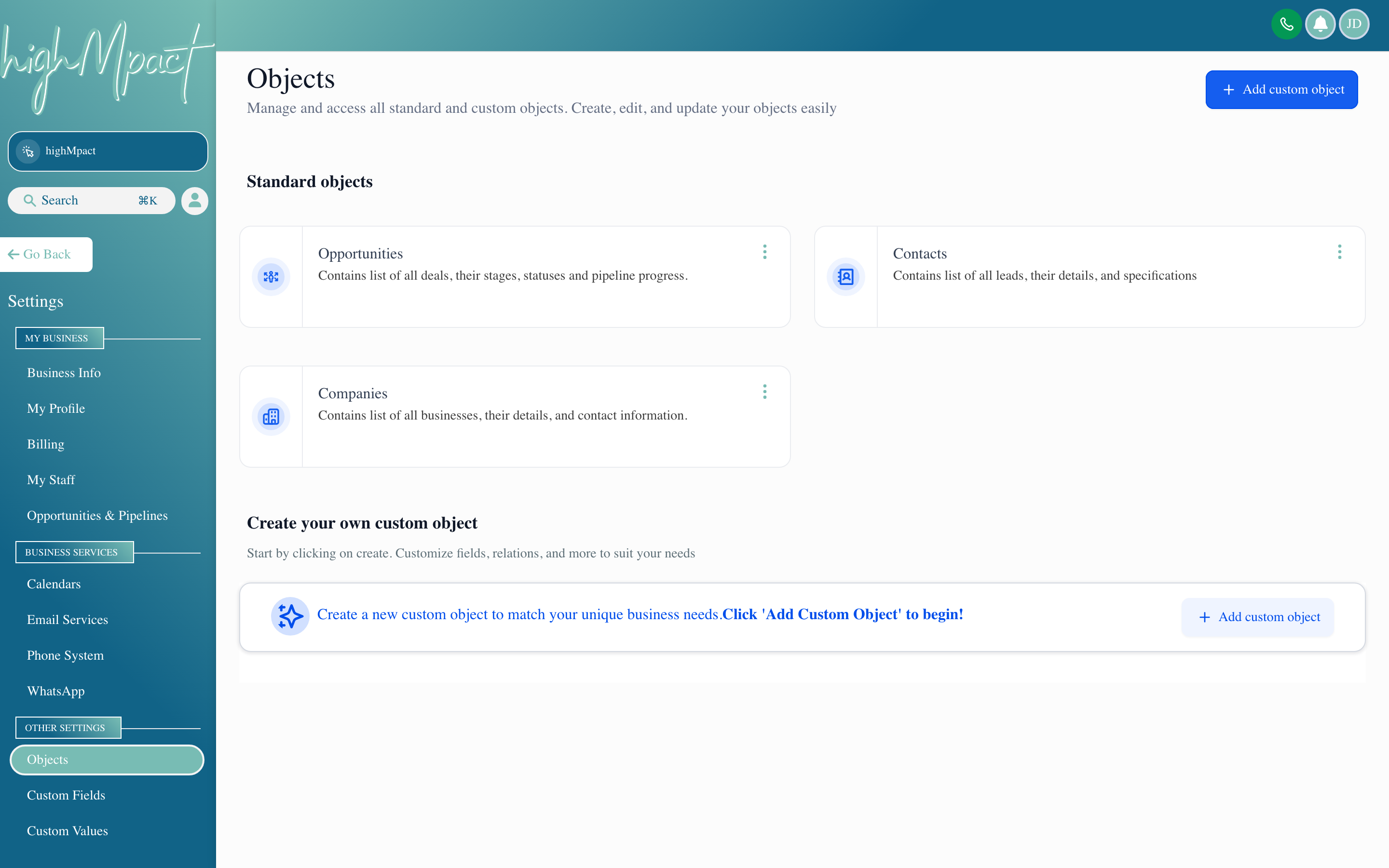 The Custom Objects settings page showing a list of object types with their fields and relationship definitions