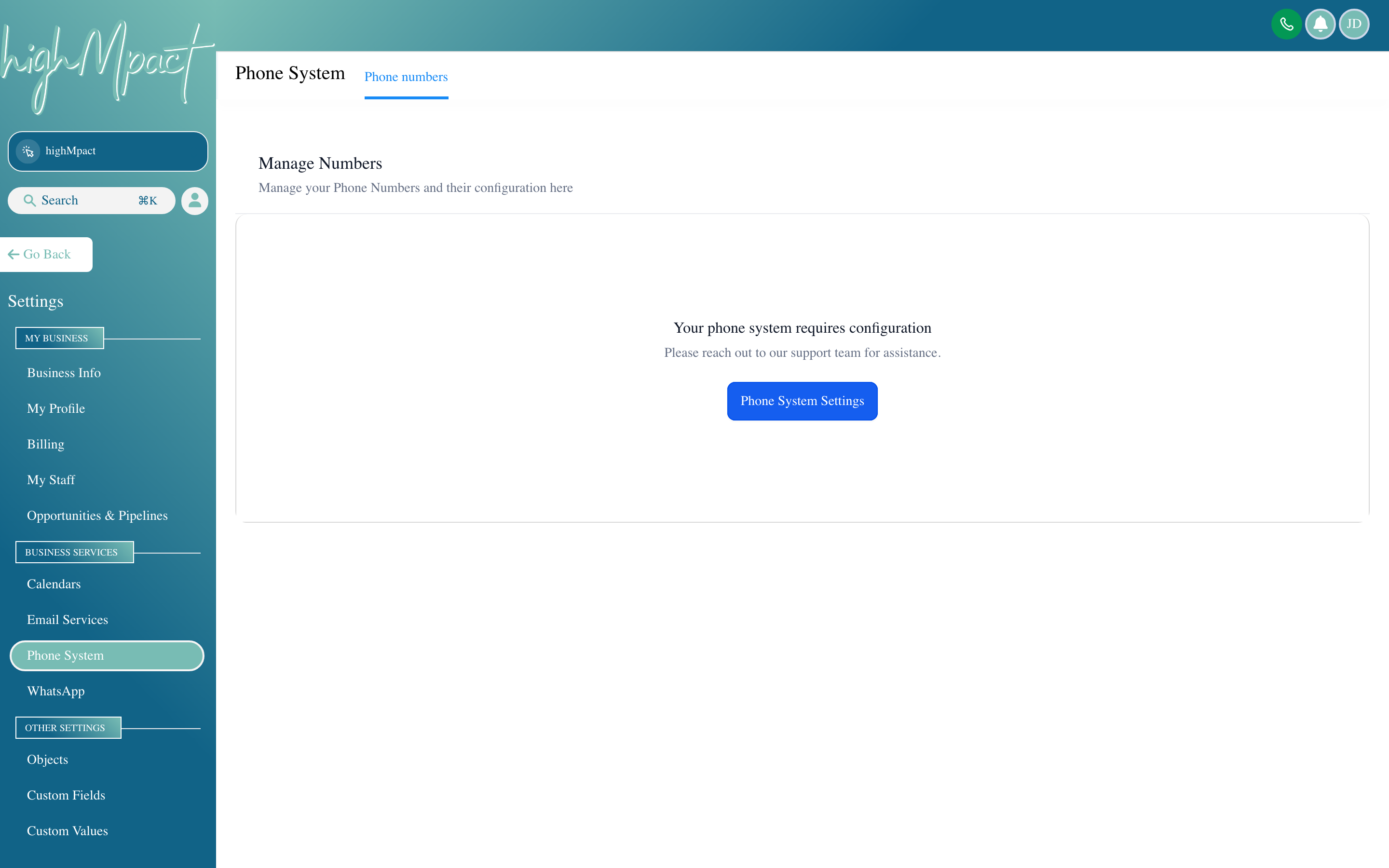The Phone Settings page showing a list of purchased phone numbers with their capabilities and assignment status