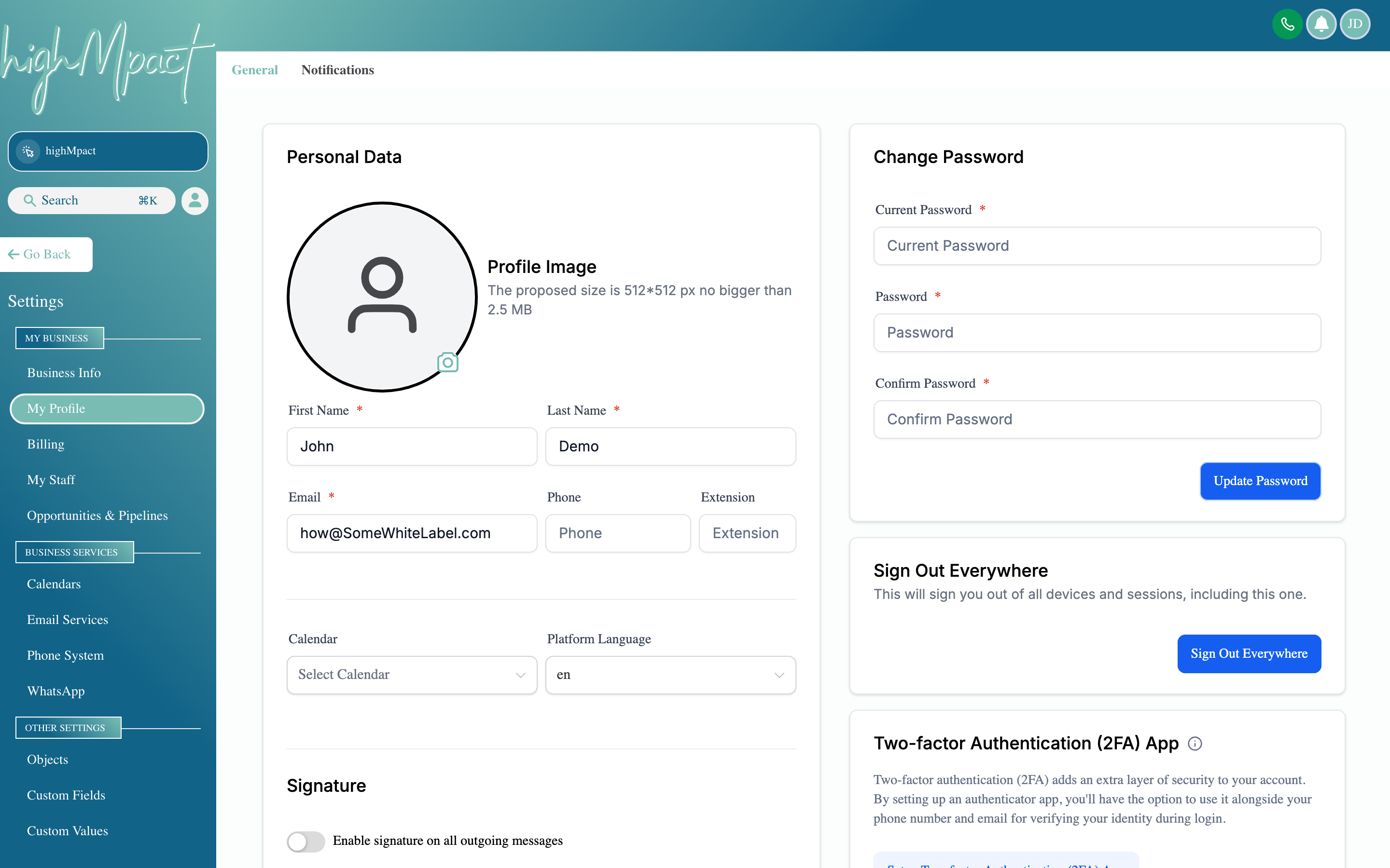 The My Profile page with fields for name, email, password, notification preferences, and email signature