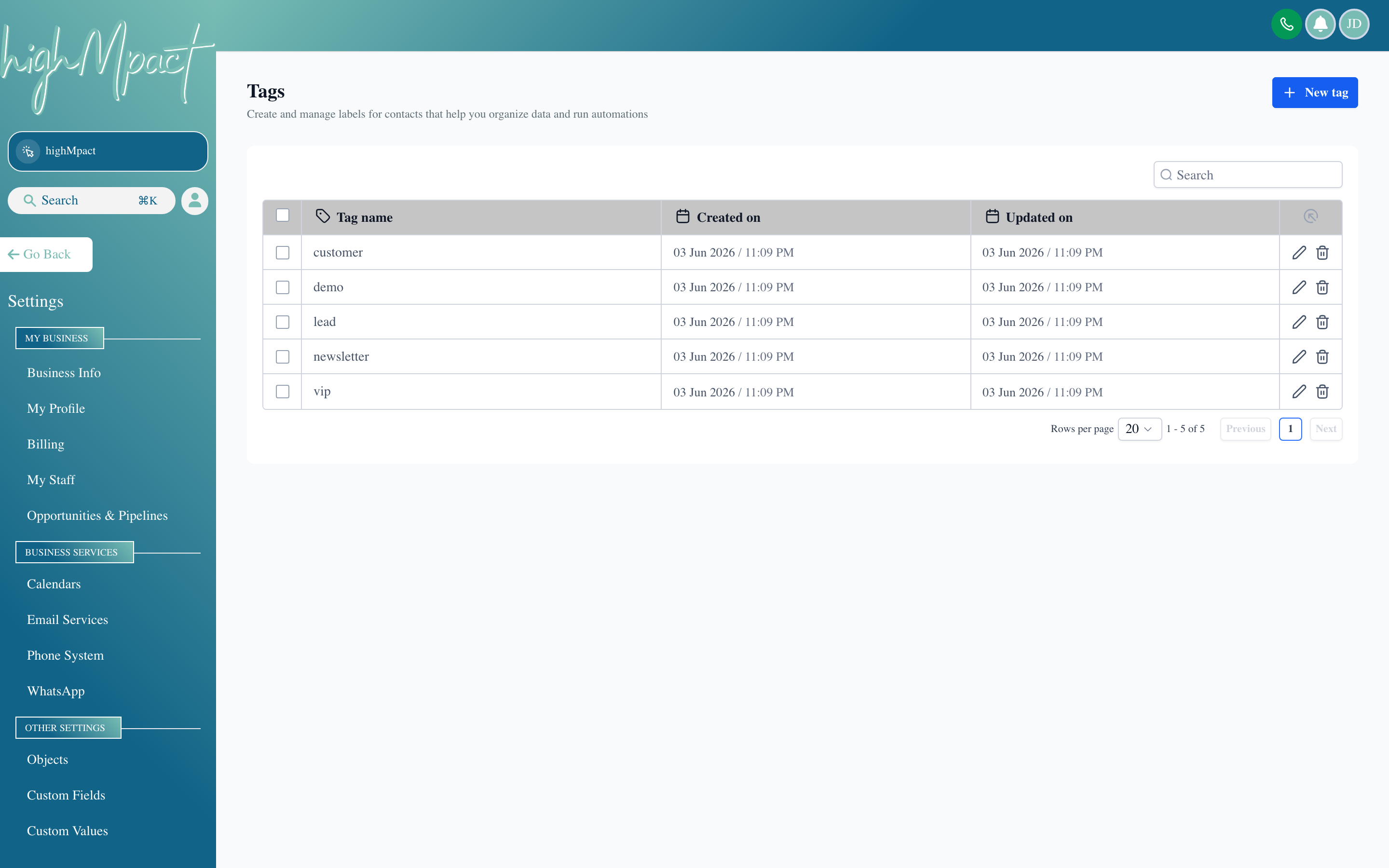 The Tags settings page showing a searchable list of tags used across the account with contact counts