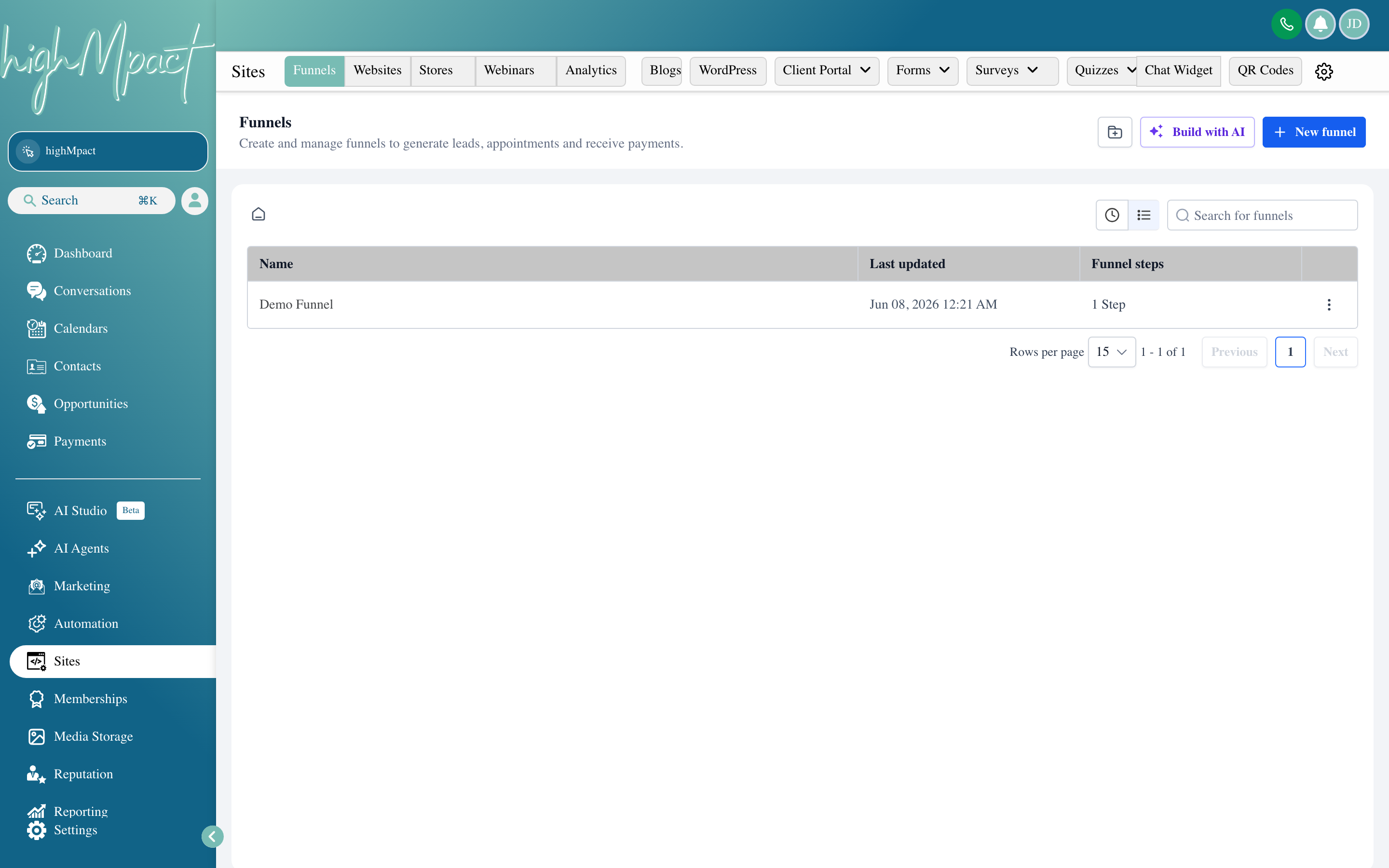 The Funnels list view showing multiple funnel entries with step counts, traffic stats, and options to edit or preview each
