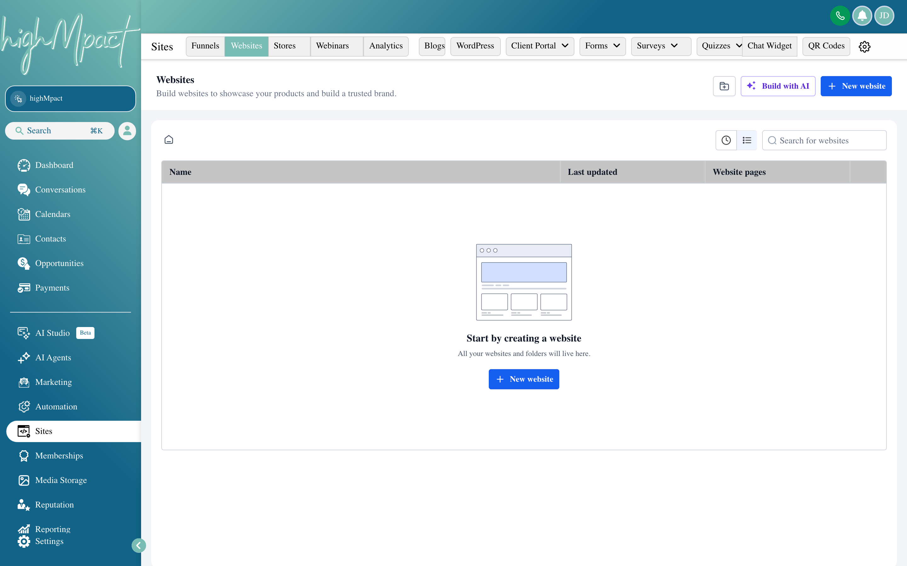 The Websites builder showing a multi-page website with navigation, hero section, and page management sidebar